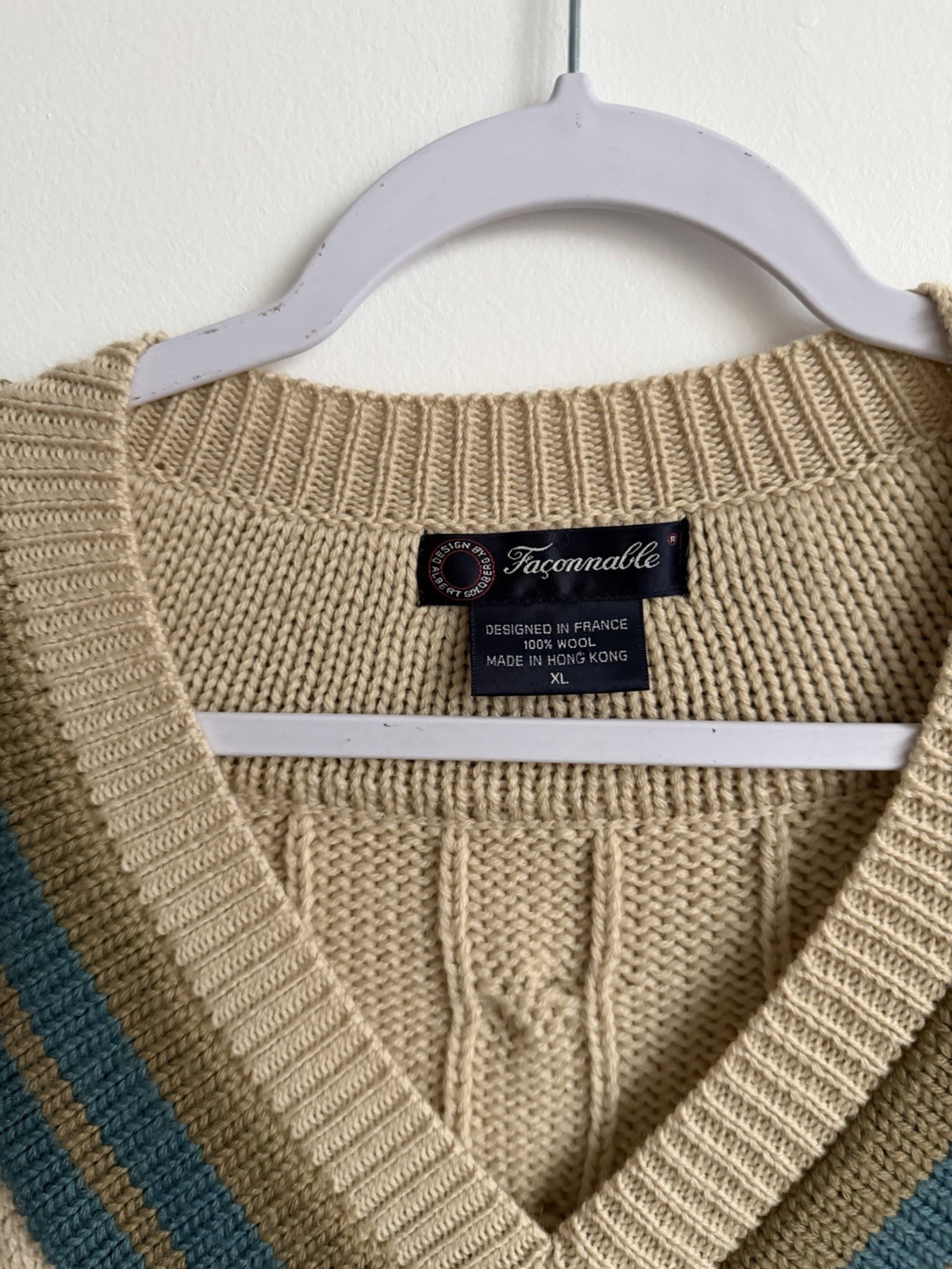 Faconnable Beige Blue Green Cable-Knit V-Neck Pullover Sweater XL Striped Trim