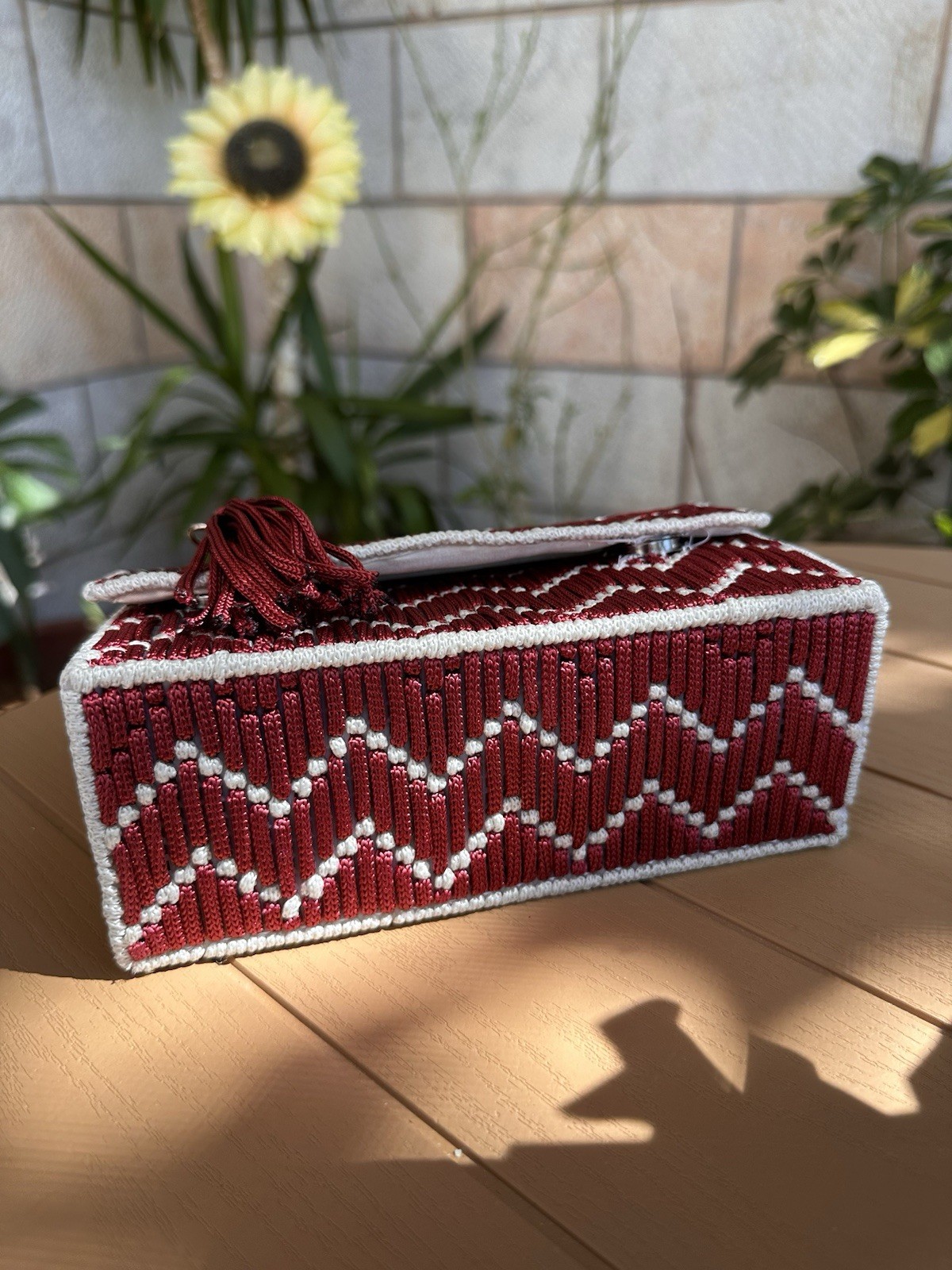 Handmade Macrame Handbag Burgundy & Cream | Artisan Woven Purse | One of a Kind