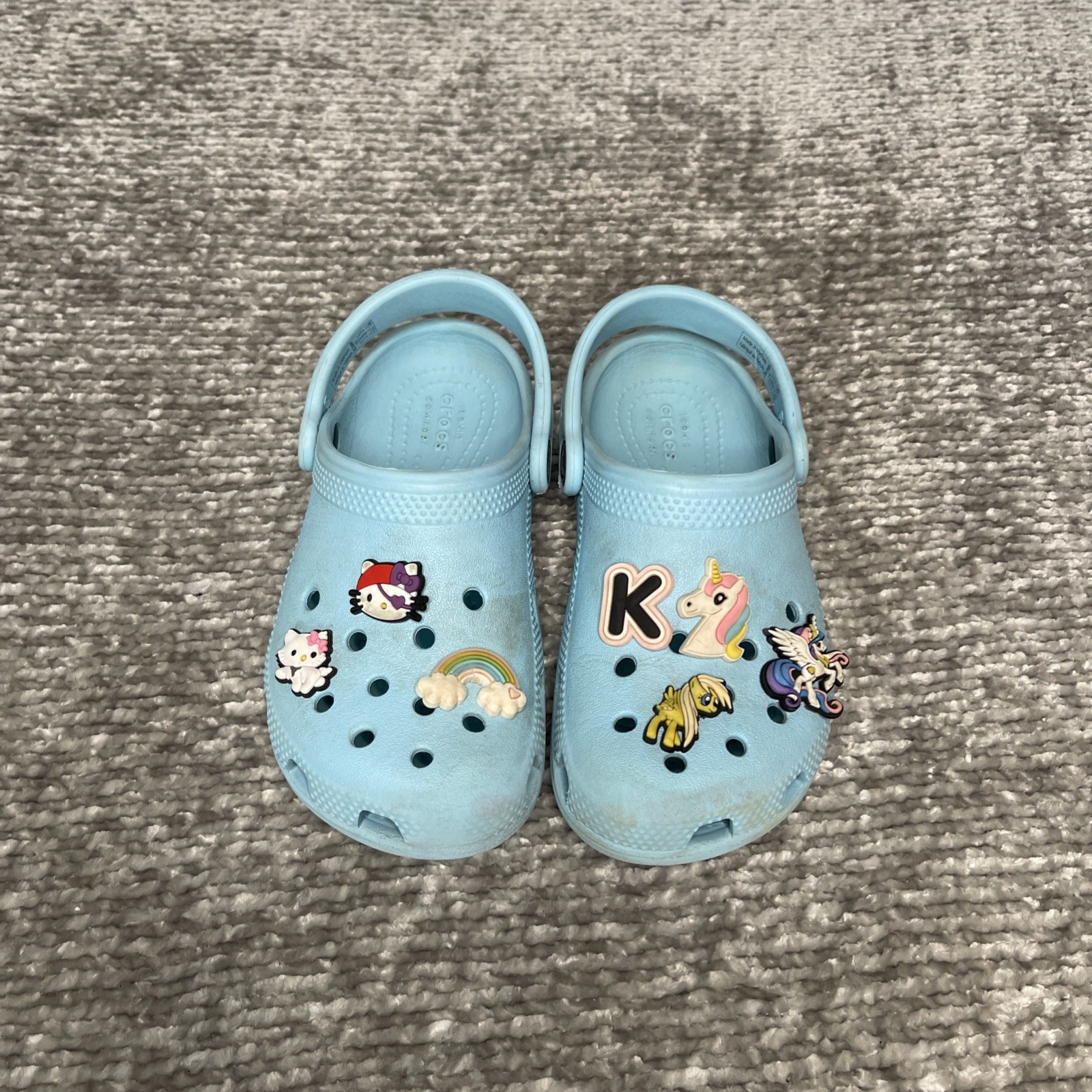 CROCS Sz 12 Blue Classic Clogs w/ Removable Jibbitz My Little Pony Hello Kitty