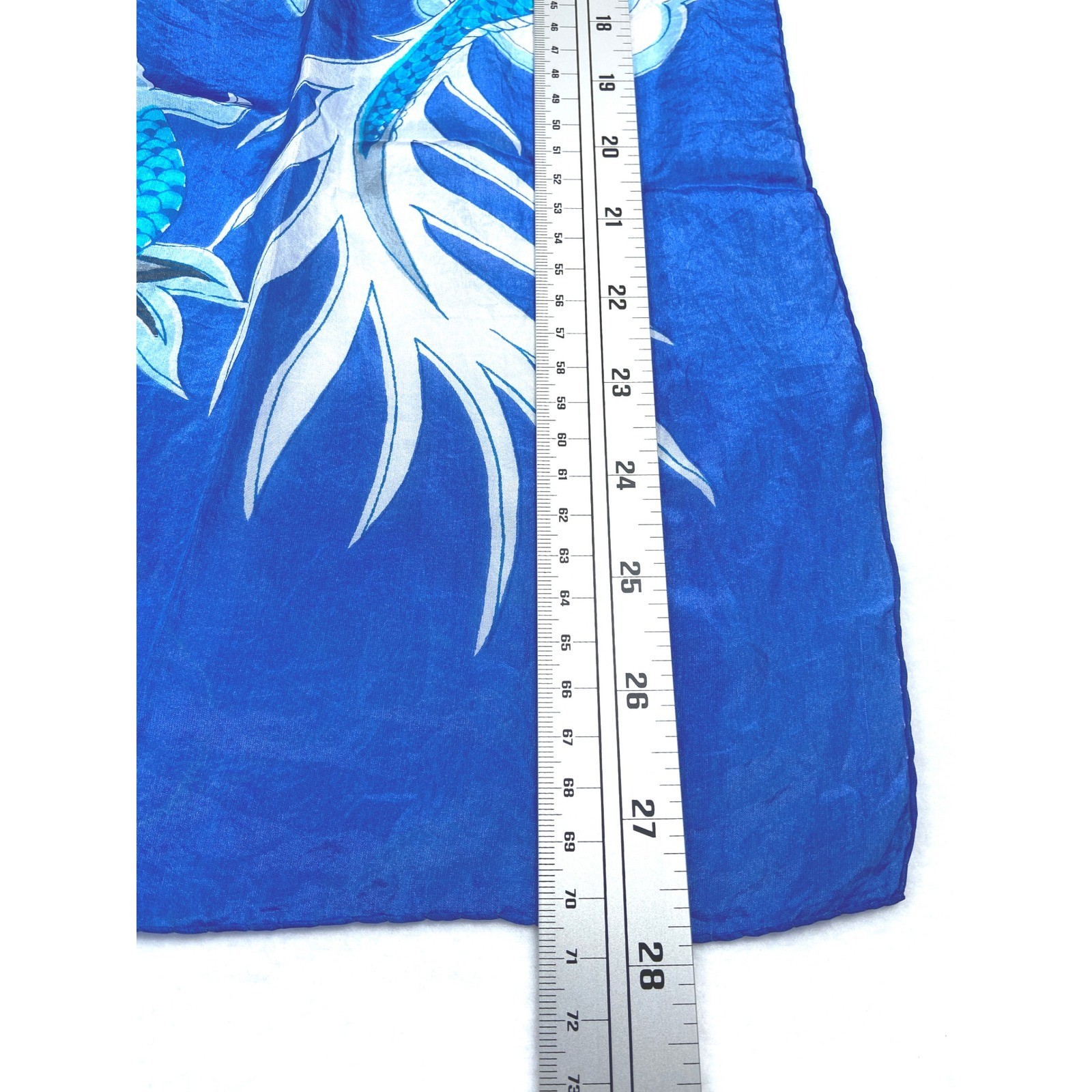 Vintage Chinese Blue Silk Dragon Square Scarf Flaming Pearl Cloud Print 27×27