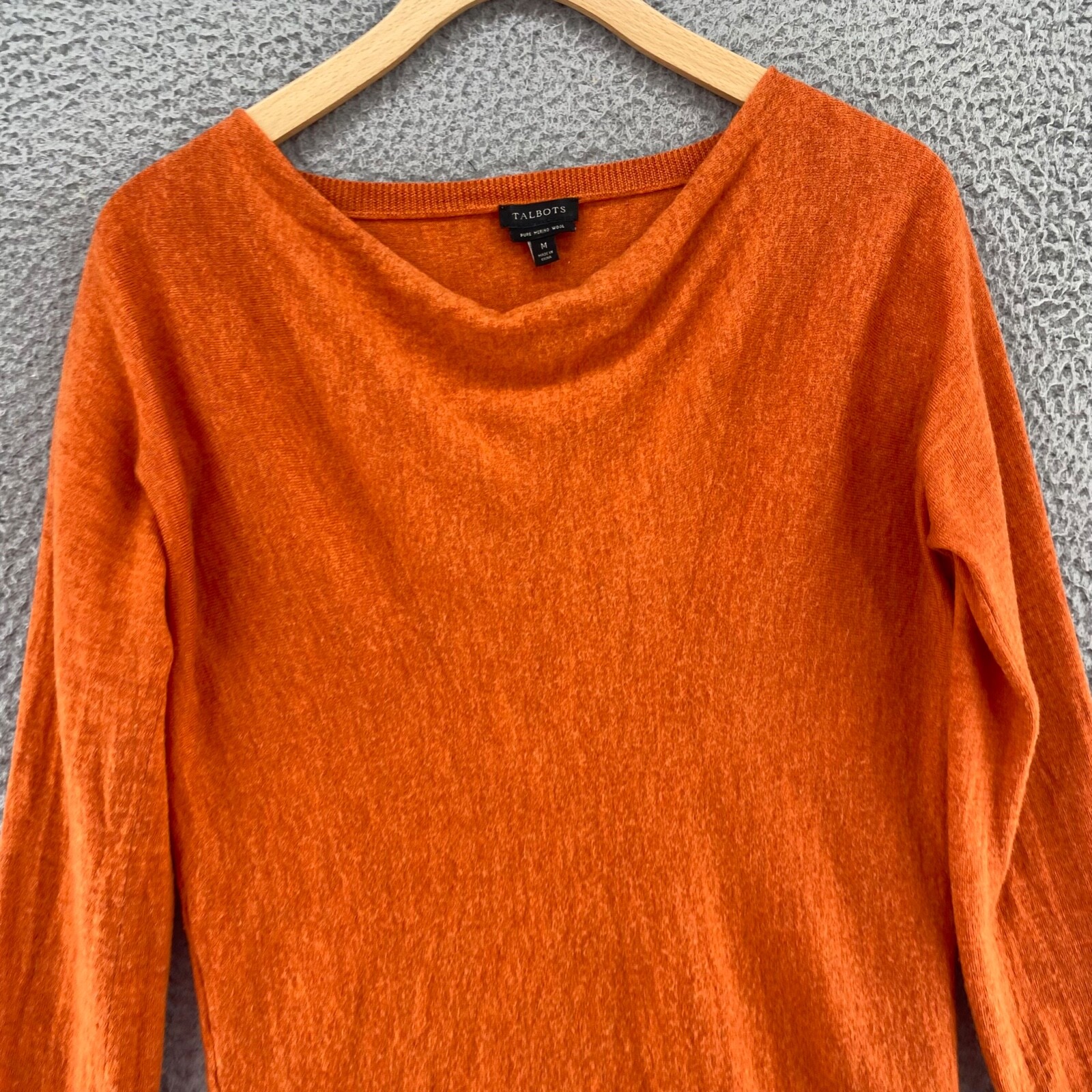 Talbots Sweater Women Medium Orange Pure Merino Wool Knit Tunic Cowl Pullover