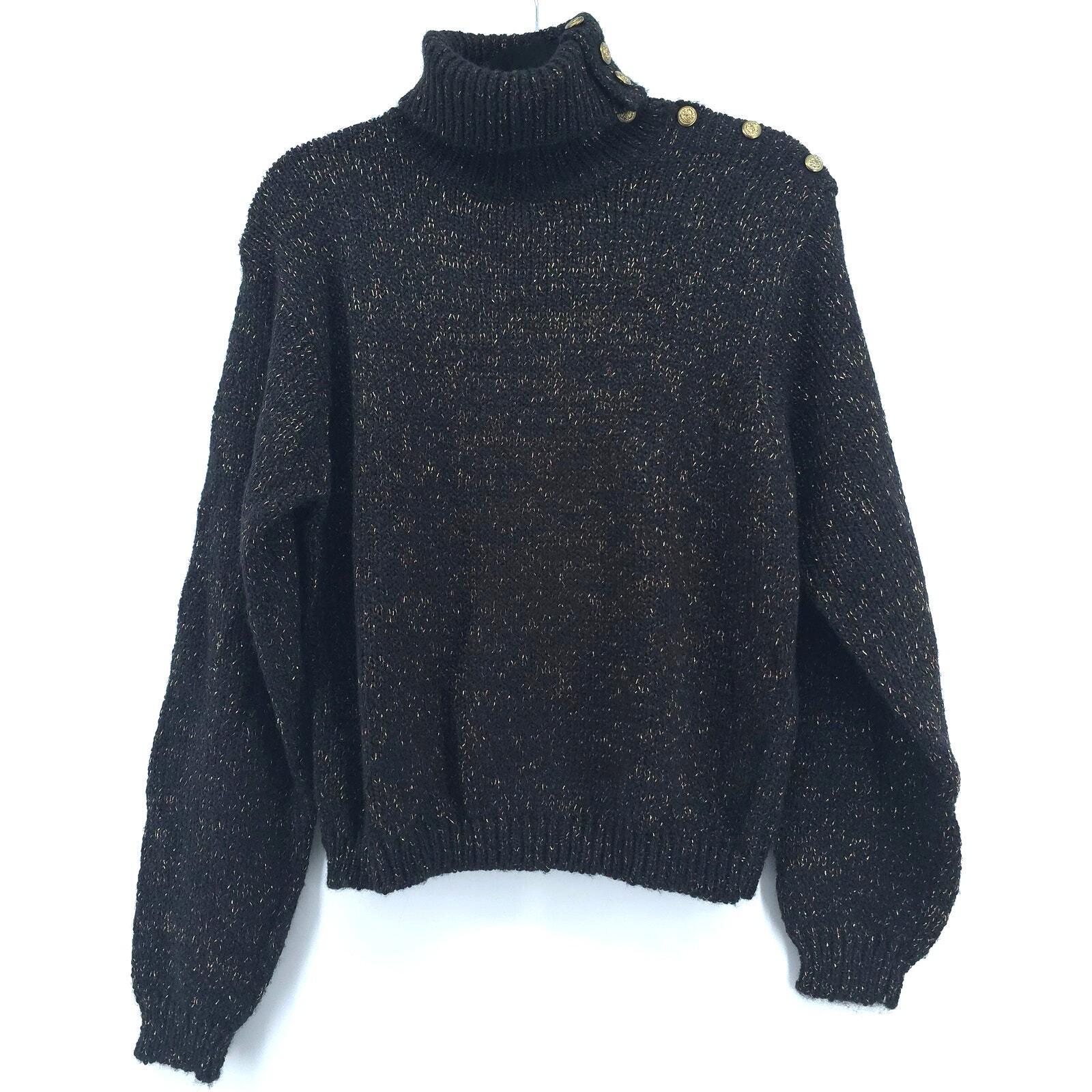 Vintage Toi Turtleneck Thick Ribbed Black & Gold Metallic Sweater Gold Buttons L