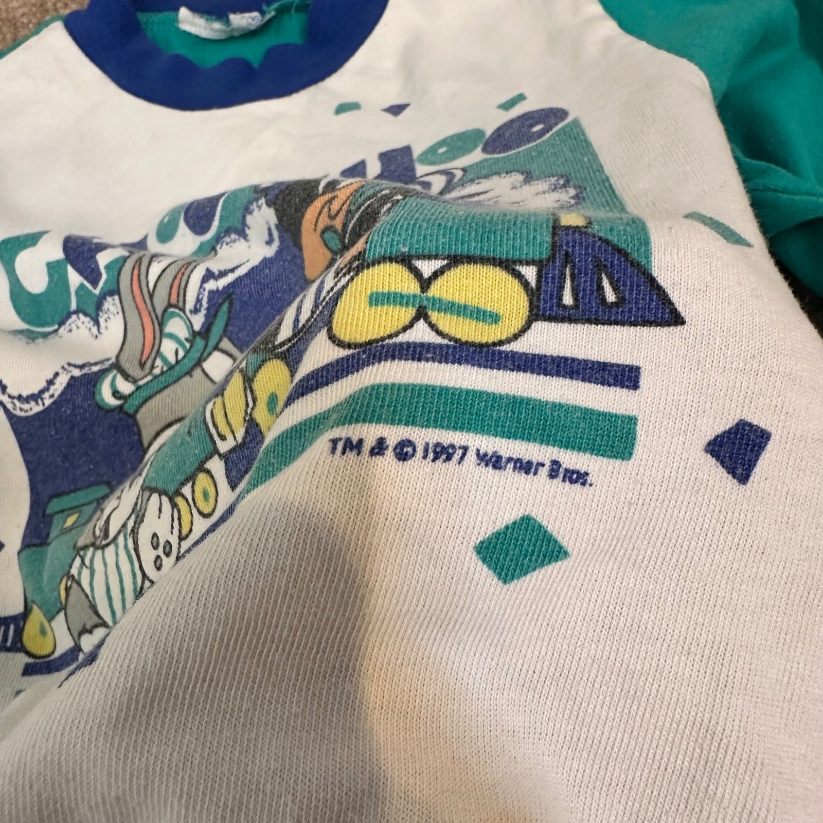 Vintage 1997 Baby Looney Tunes Bugs Bunny Daffy Duck Choo Choo Sweat Suit Teal