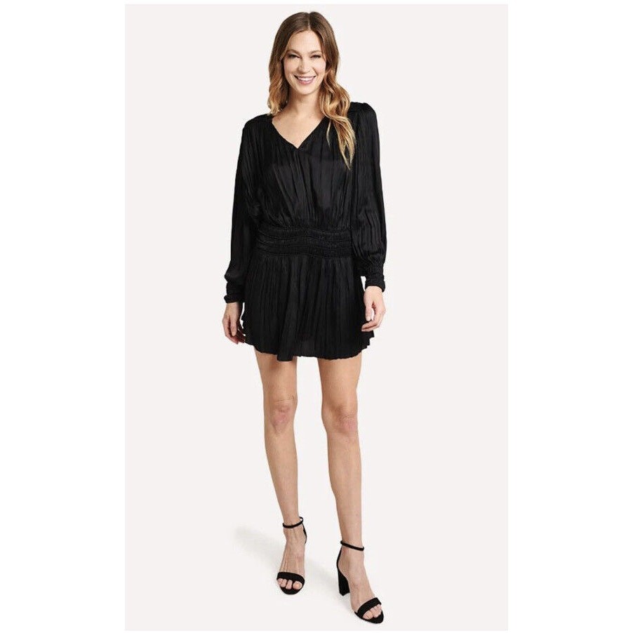 FRAME Black Pleated Long Sleeve V Neck Mini Dress Size Small