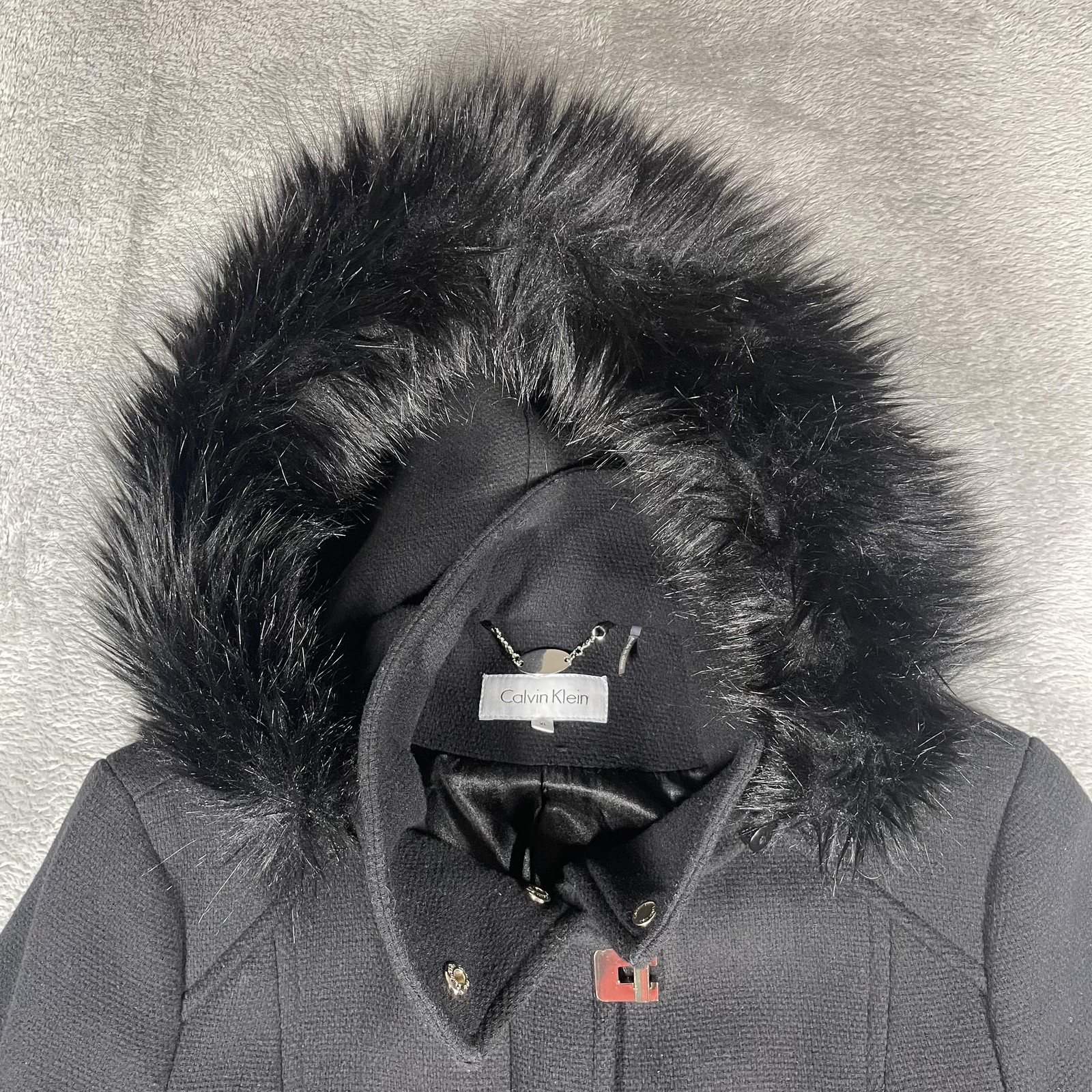 Calvin Klein Coat Womens XL Black Wool Blend Hooded Belted Faux Fur Parka