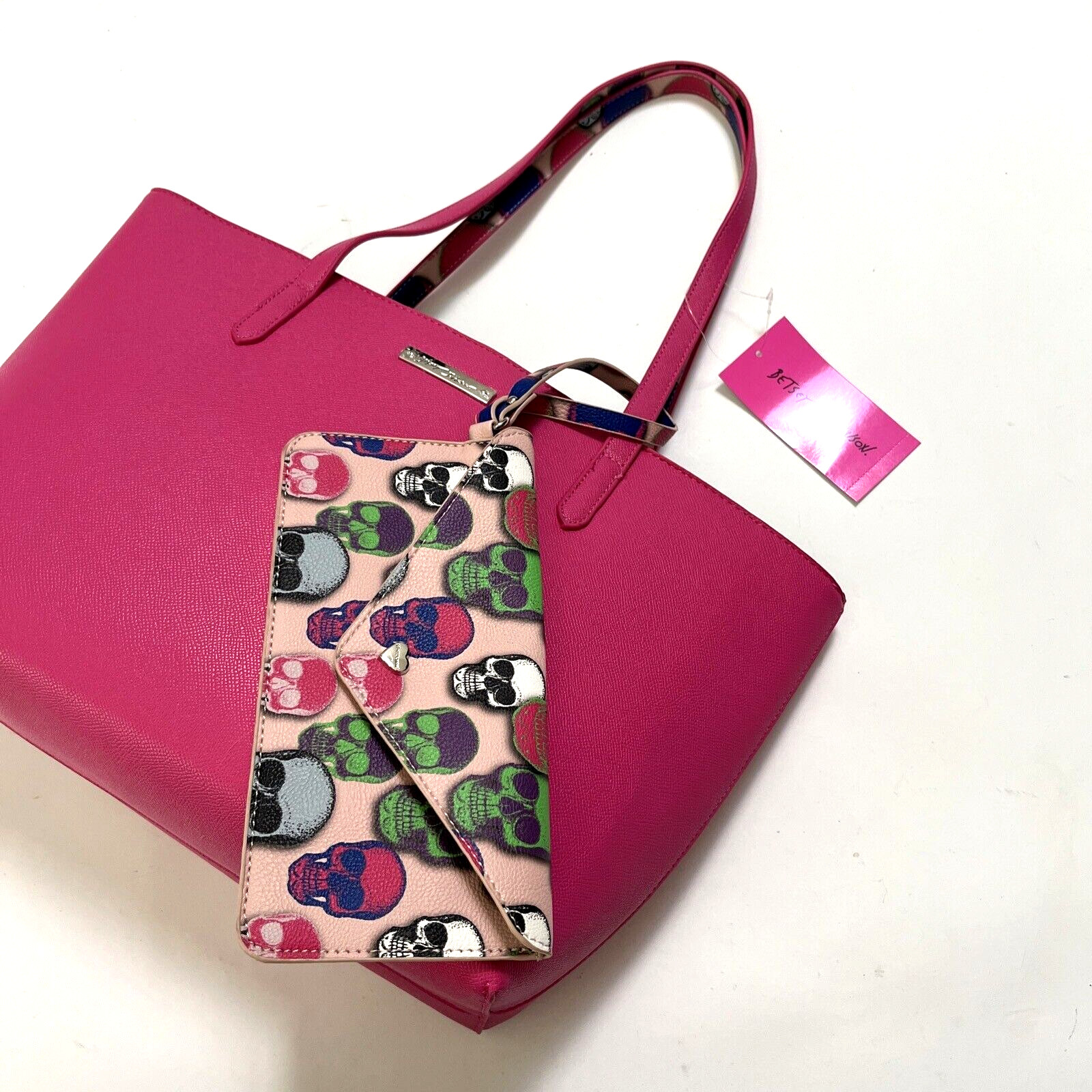 NWT Betsey Johnson XO Skull Tote Bag Pink with Skull Pouch Gothic Punk Hearts
