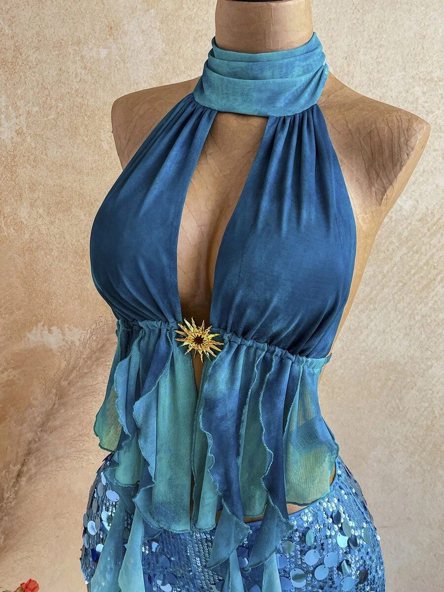 Leopard Print Halter Neck Top Backless Asymmetrical Boho Vacation Beach Blouse