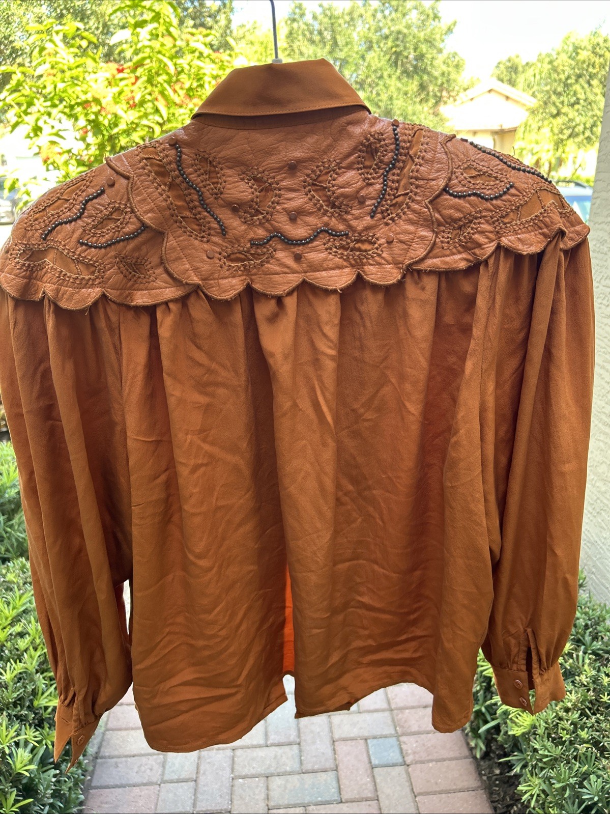 Vintage Della Roufogali Blouse Brown Size 8 100% Silk and Leather Western Style