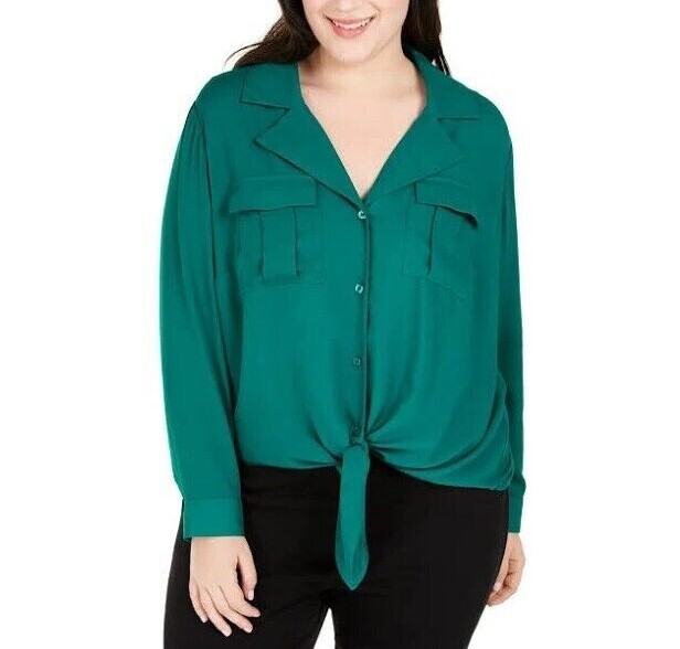 INC Womens Plus 2X Green Tie Front Button Up Pocket Blouse Top Retagged AB53