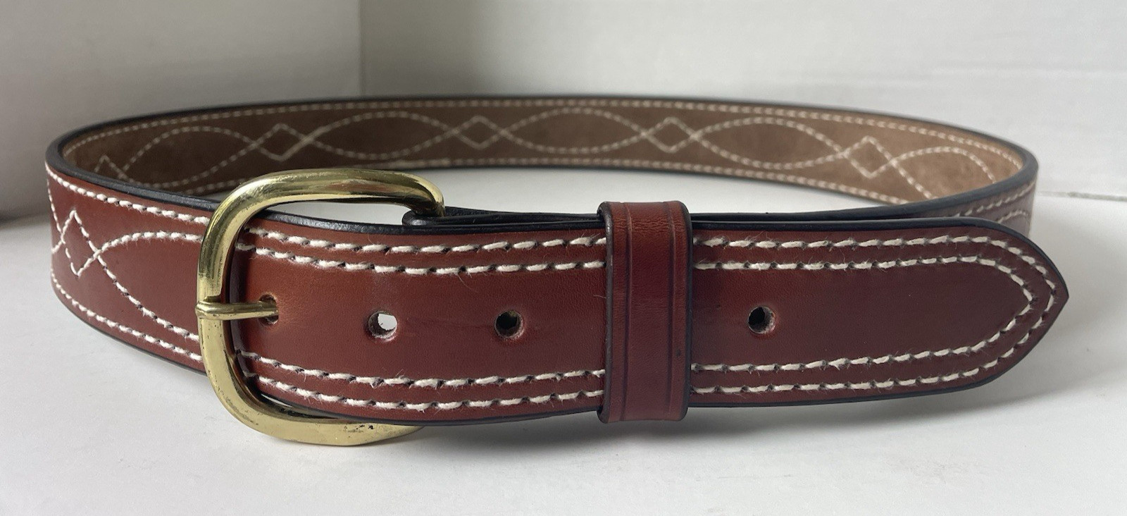 Triple K Leather Stitched Belt Size 38 Brown Brass Colored Buckle With Loop USA