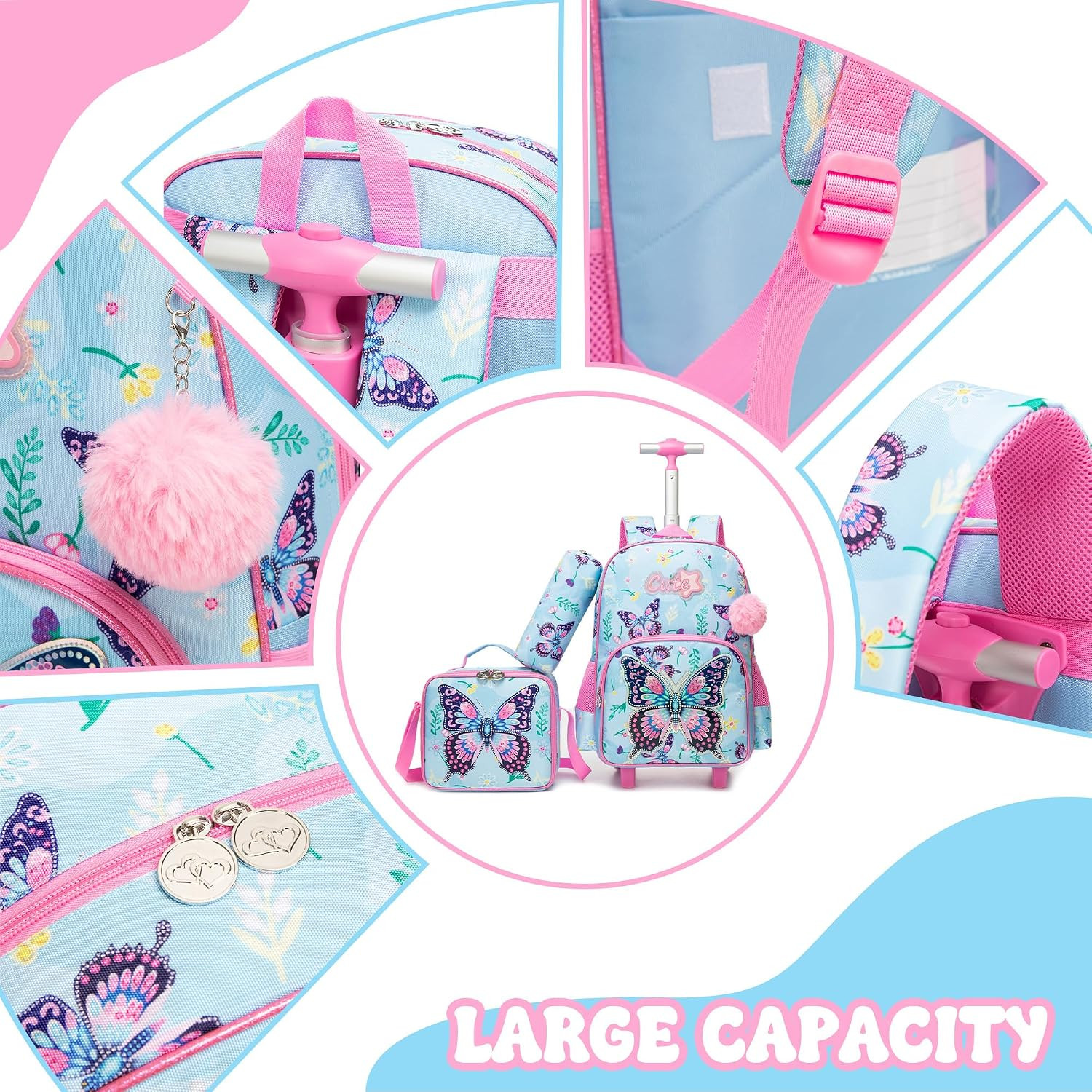 Kids Rolling Backpack with Wheels for Girls Cute Butterfly School Roller Backpac