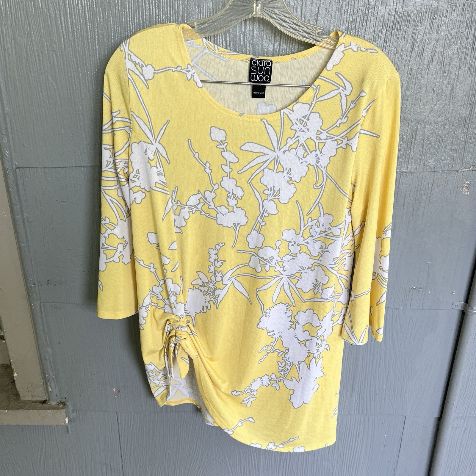 Clara Sun Woo Top Womens XS Yellow Floral Asymmetrical Ruched Art to Wear Blouse