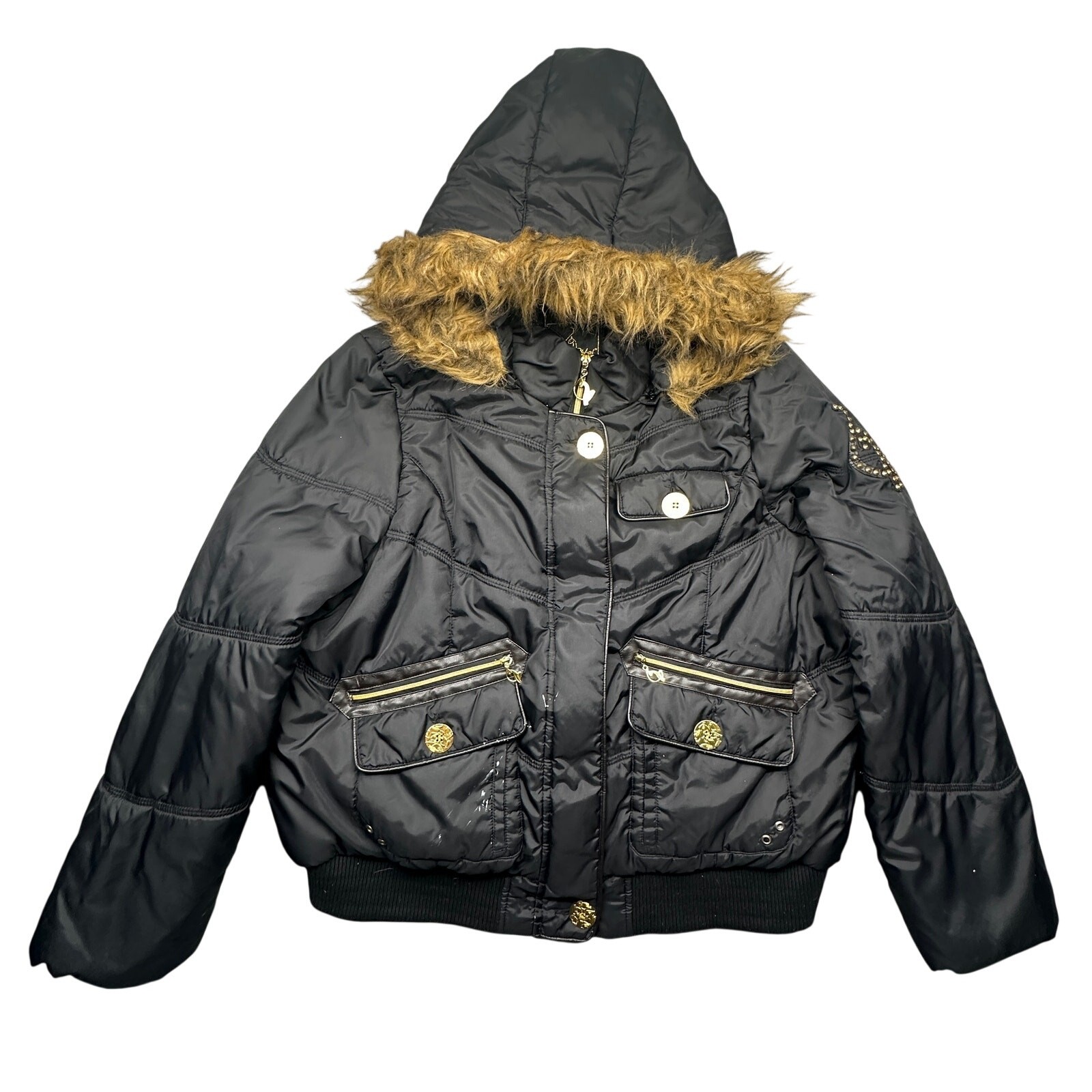 Vintage Baby Phat Puffer Bomber Jacket Women 3X Plus Faux Fur Trim Hooded Black