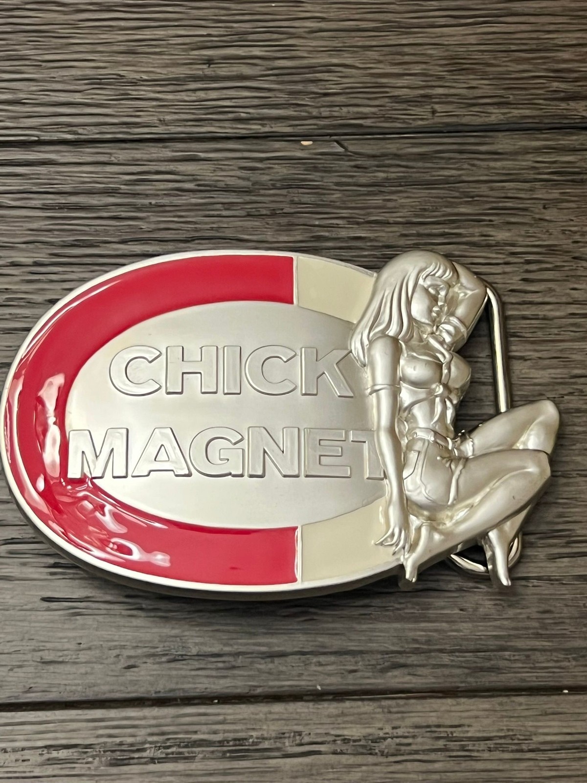 SMC Chick Magnet Belt Buckle Mens Silver Red Cream Enamel Pinup 2005 Novelty