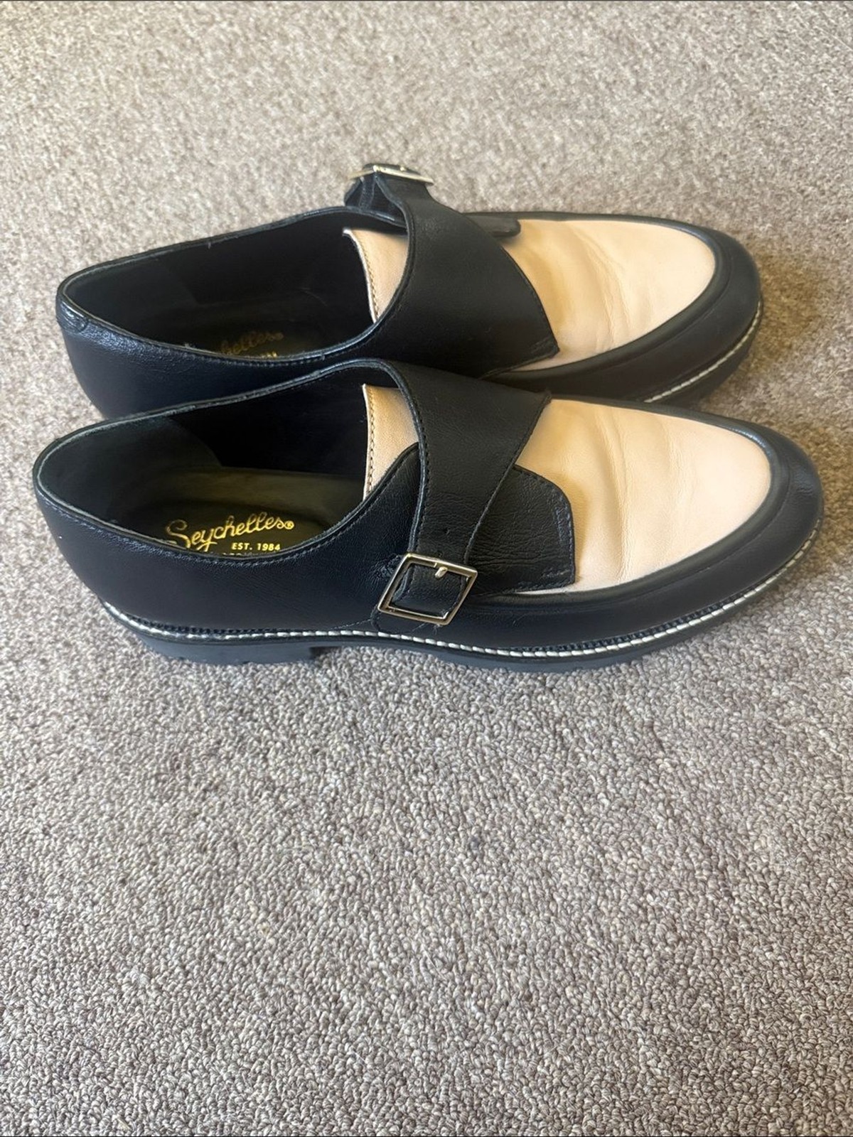 Seychelles Catch Me leather monk strap loafers in black and cream | Size 9