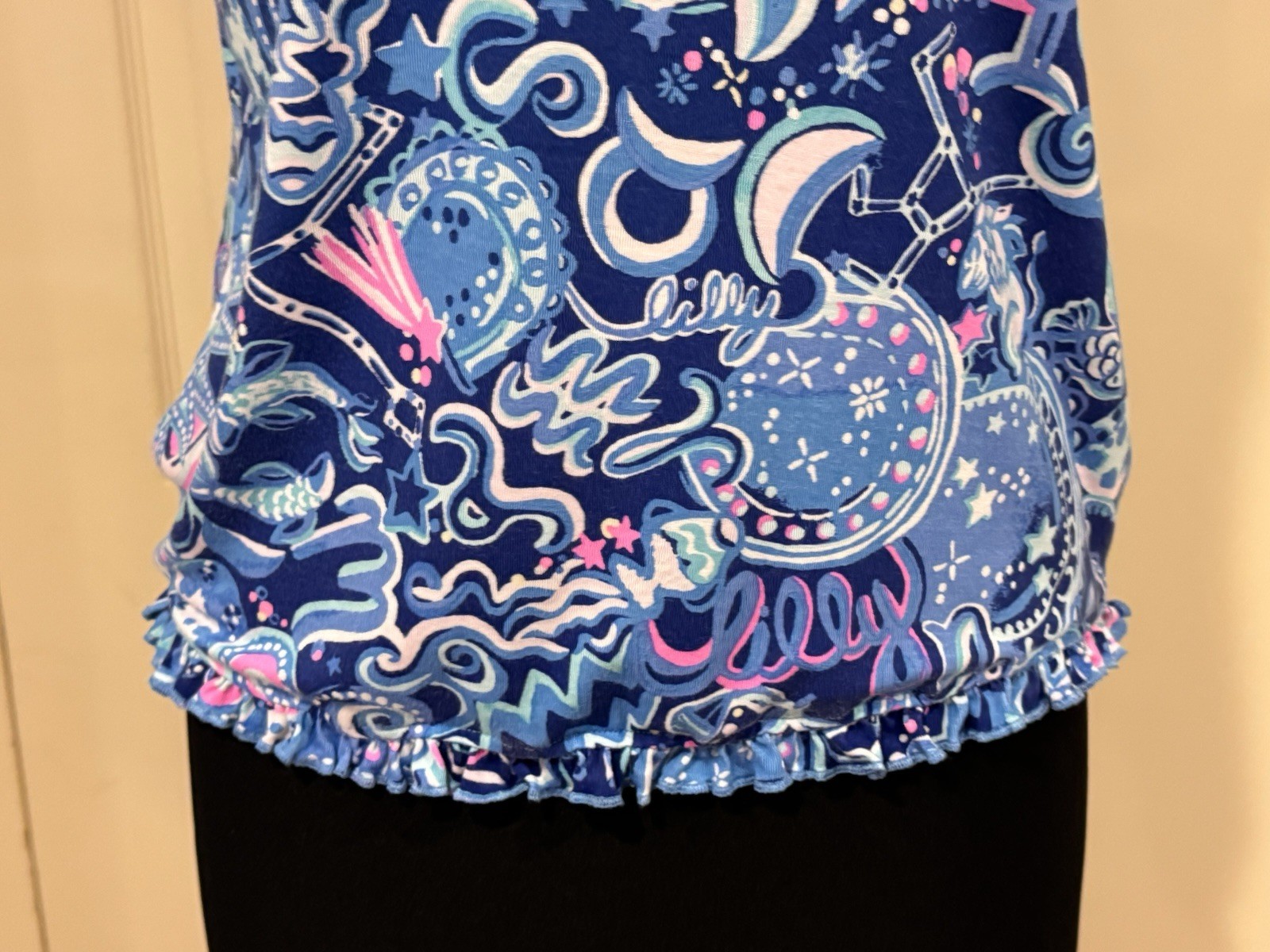 Lilly Pulitzer PJ Knit Ruffle Henley Top Blue/Pink Cosmic Kismet Size XS