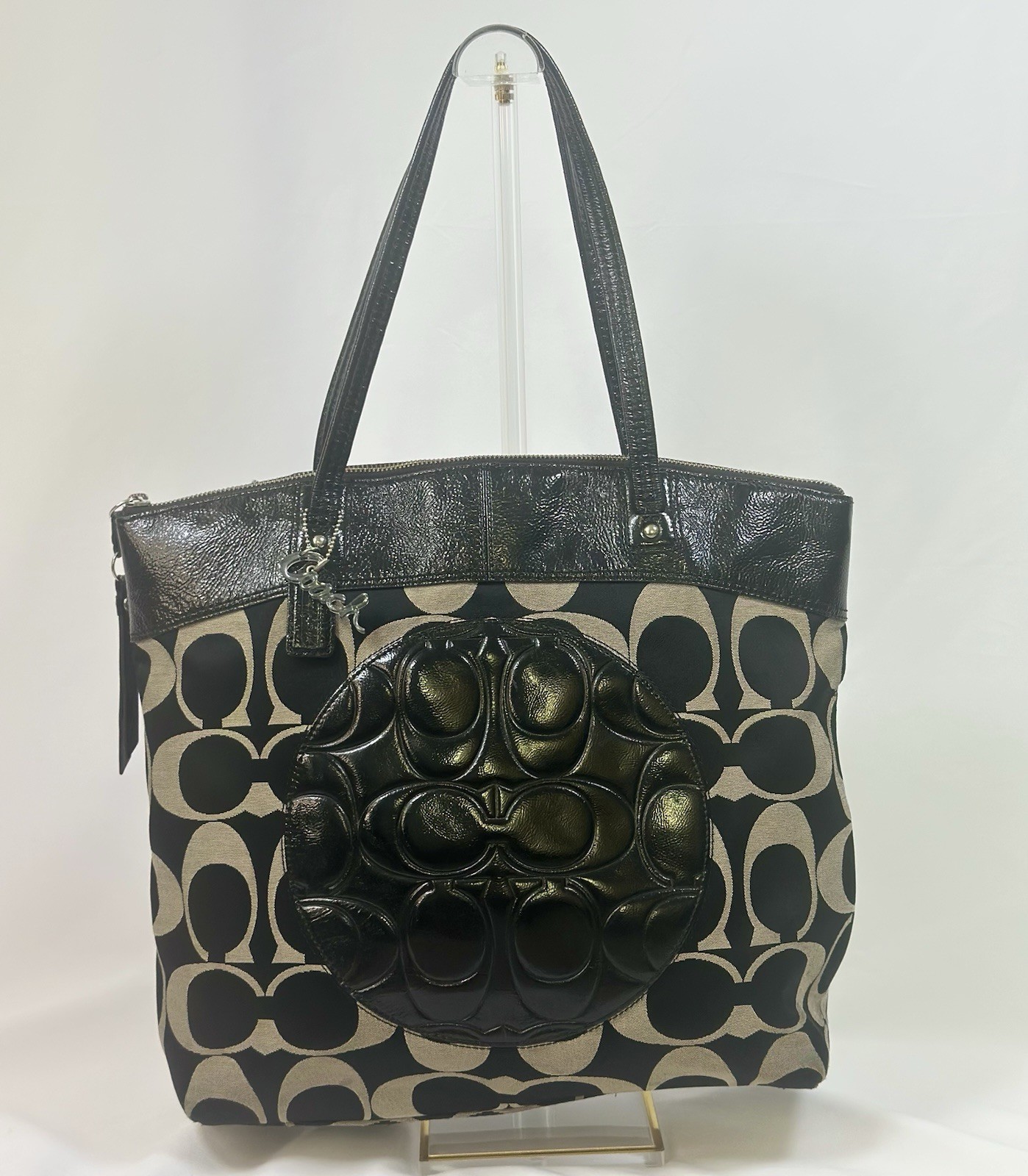 AUTHENTIC COACH LOGO LAURA SIGNATURE LARGE BAG TOTE PURSE F18335 BLACK