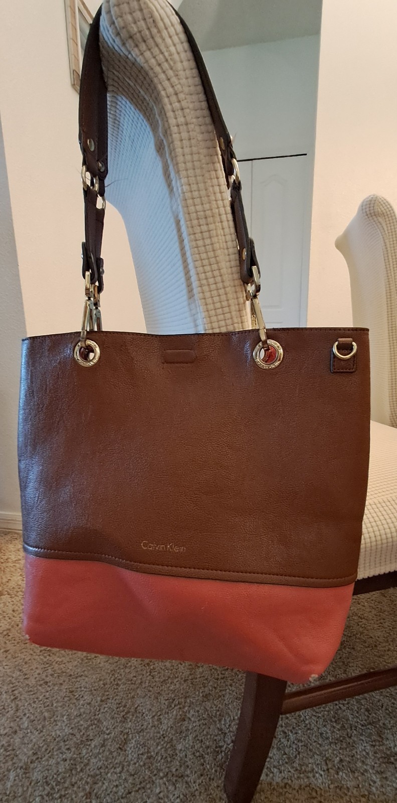 Calvin Klein Brown & Coral Colorblock Large Tote w/ Detachable Strap & Pouch