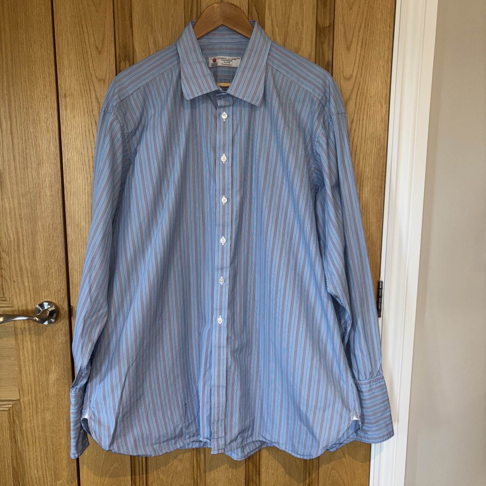 Turnbull & Asser Shirt Classic Blue White Stripe Double Cuff Cotton 19” 48cm