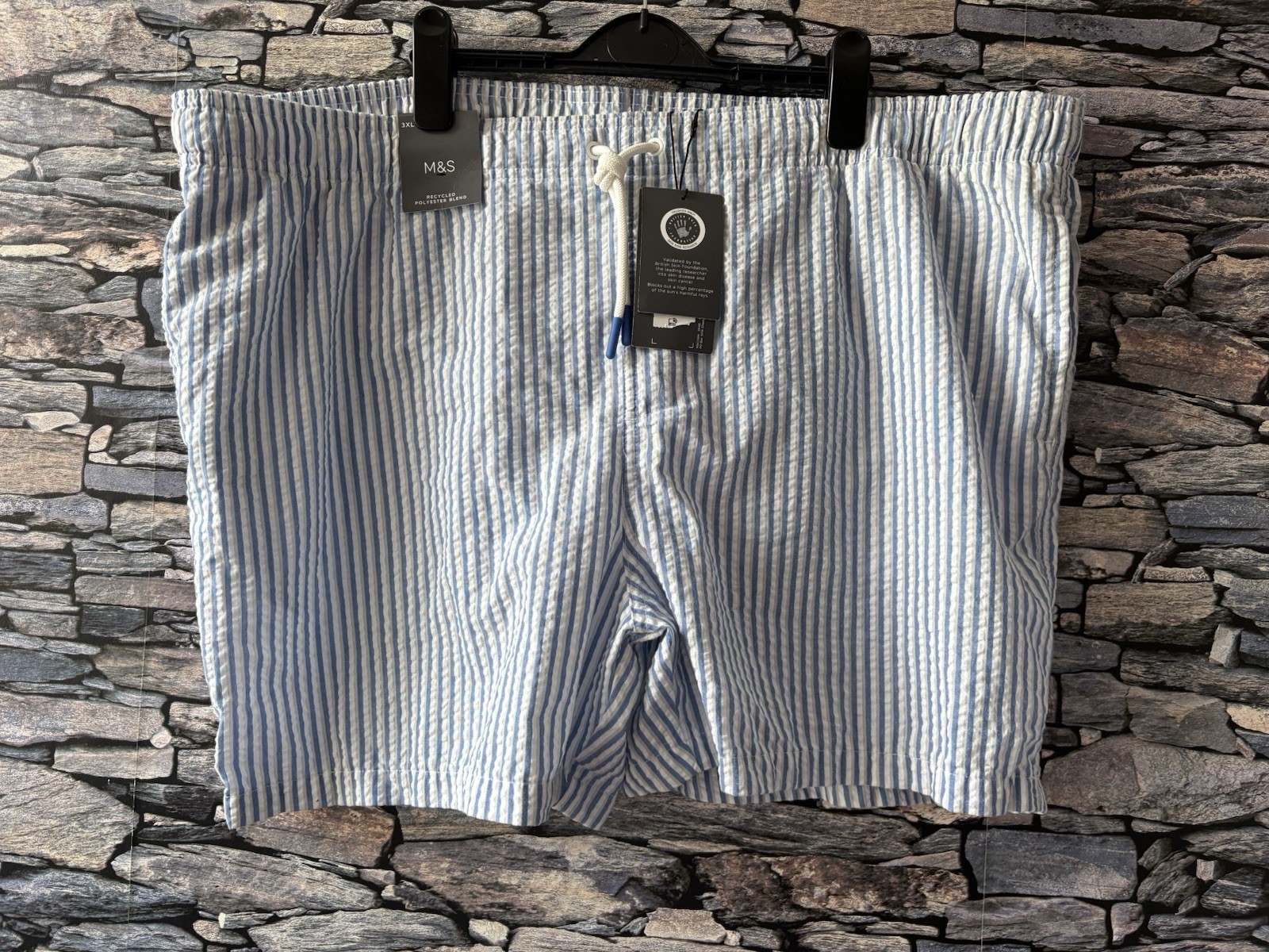 M&S Mens 3XL 45-47” Striped Swimming Shorts UPF 50+ Blue/White Back Pocket NEW