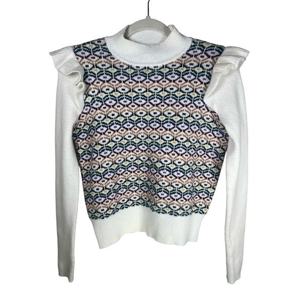 LOFT Geo Jacquard Ruffle Shoulder Mock Neck Geometric Knit Sweater S