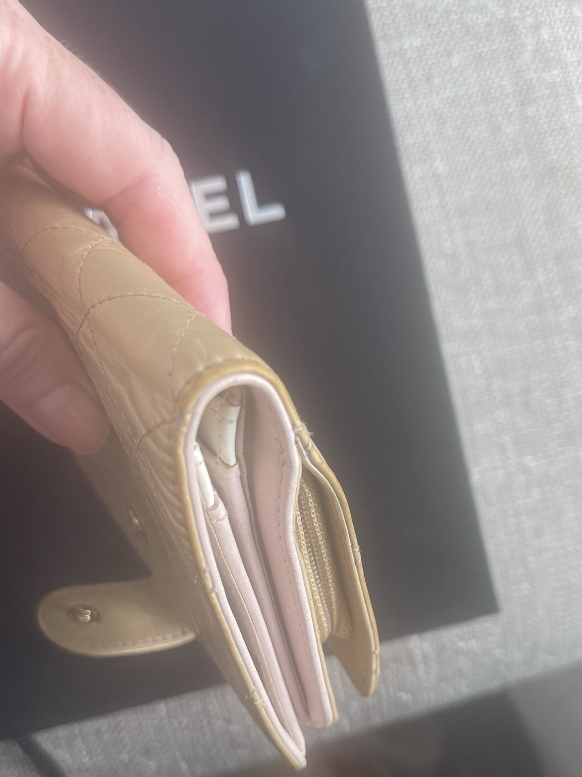 CHANEL Quilted Bifold Wallet CC Logo Snap Tab Zip Coin Pocket Gold Pink