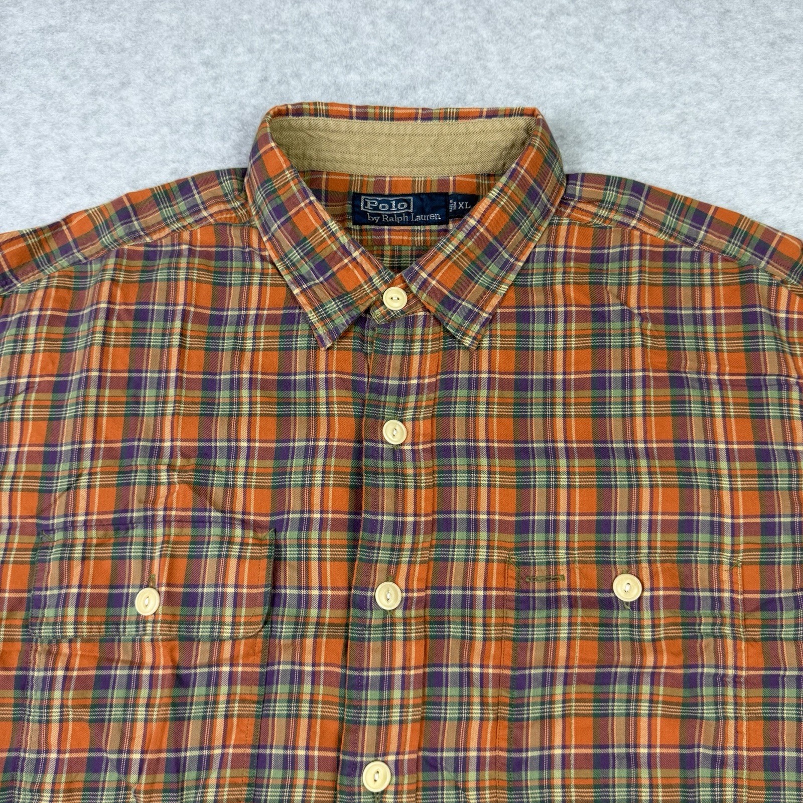 Polo Ralph Lauren Polo Country Shirt Mens XL Orange Plaid Leather Elbow Pads
