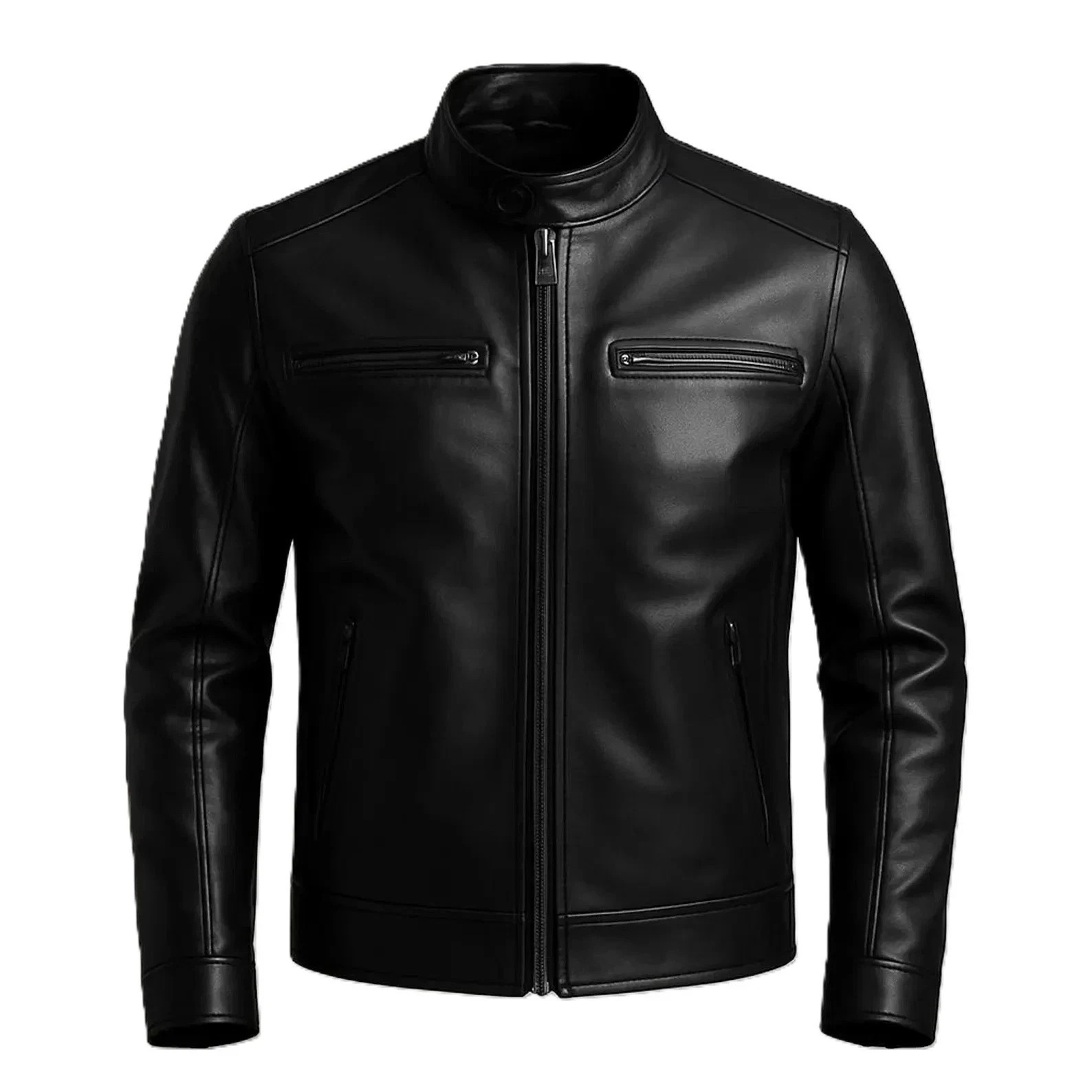 Black Leather Biker Jacket 100% Genuine Leather Moto Racer Coat