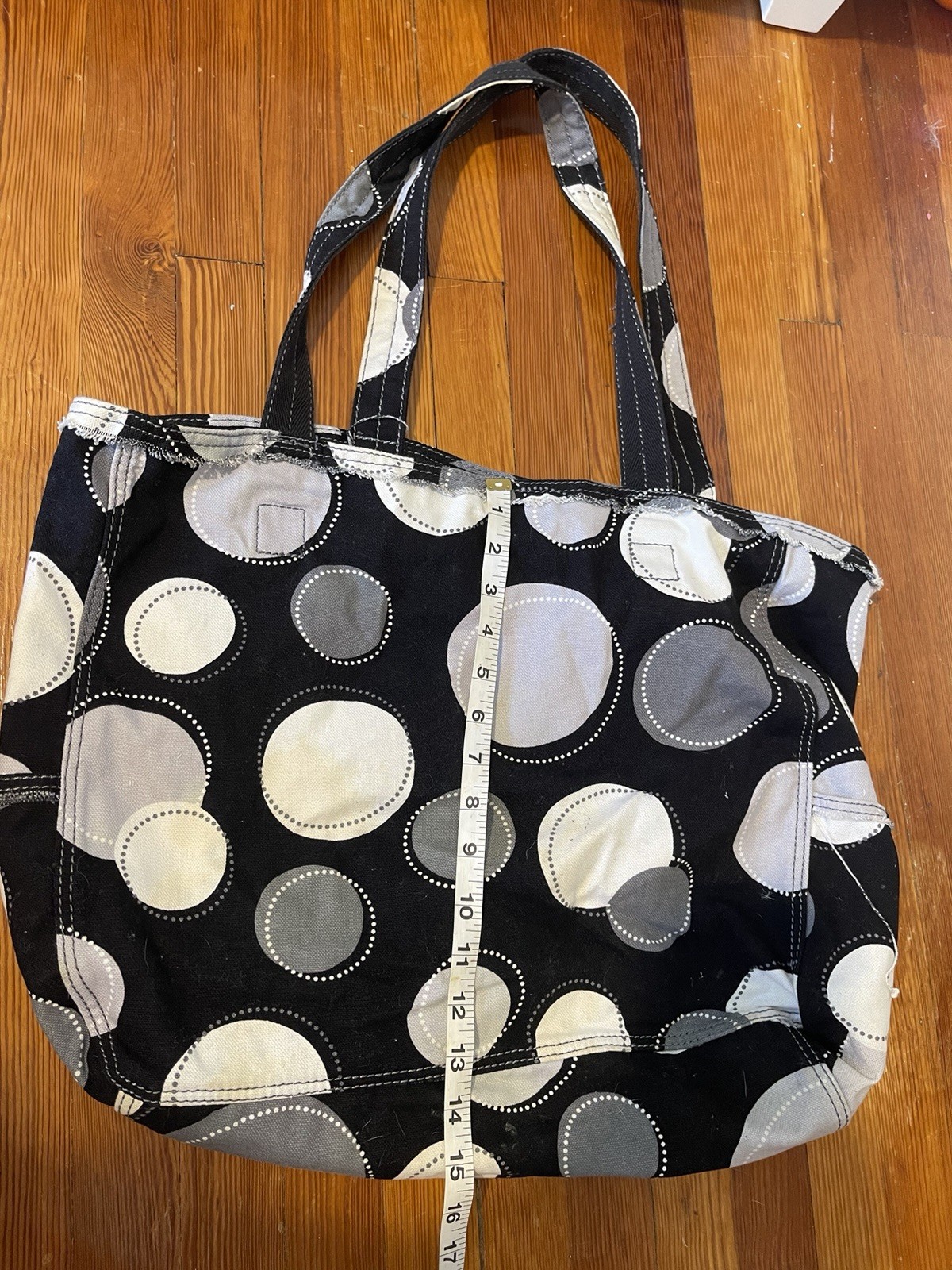 Thirty-One Large Black Gray White Polka Dot Tote Bag Key Clip Outer Pockets
