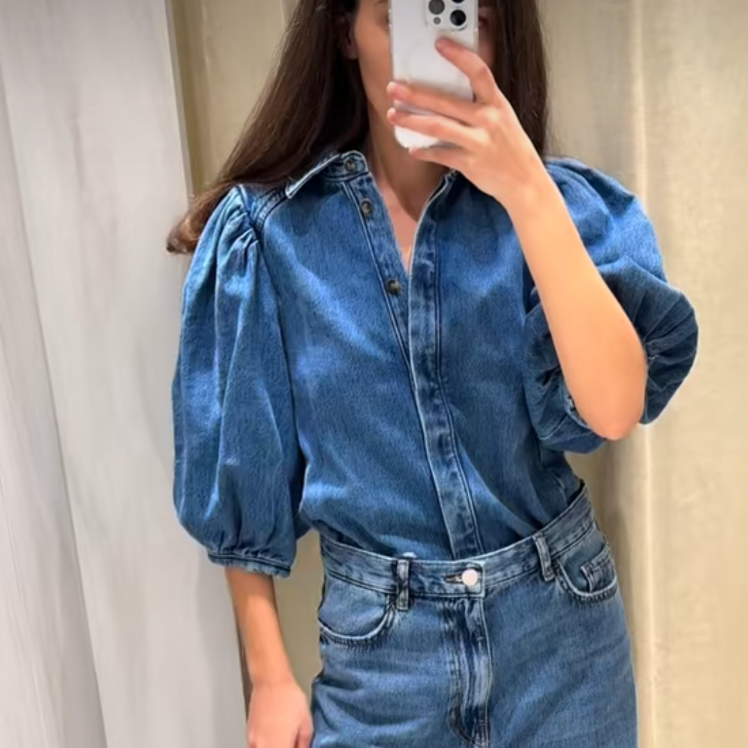 NWT ZARA Denim Puff Sleeve Blouse ZW Collection Blue 5216/053 XS, S, M, L