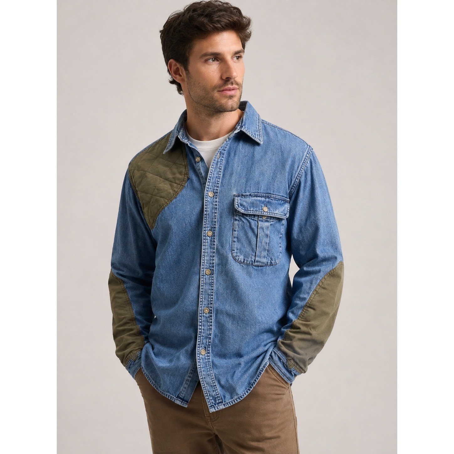 Wrangler Rugged Wear Denim Shooting Shirt Blue Olive Quilted Patch Men L R935LSW