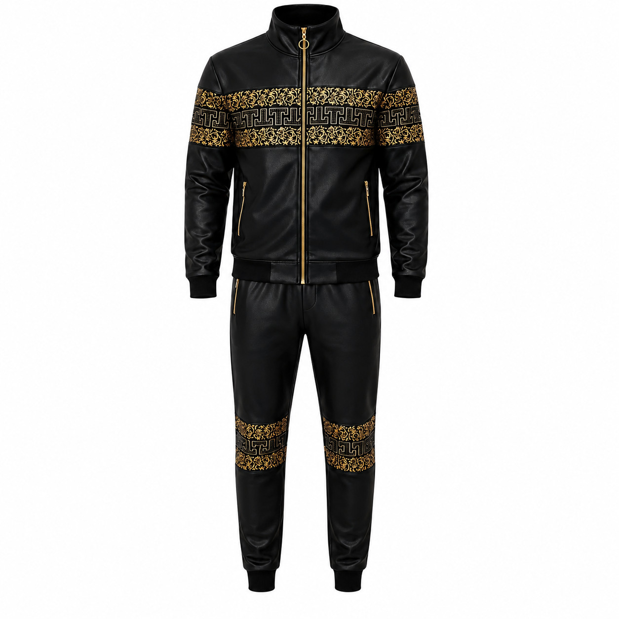 Mens Black Gold Baroque Tracksuit 2 Piece Zip Hoodie Jogger Set Luxury Designer