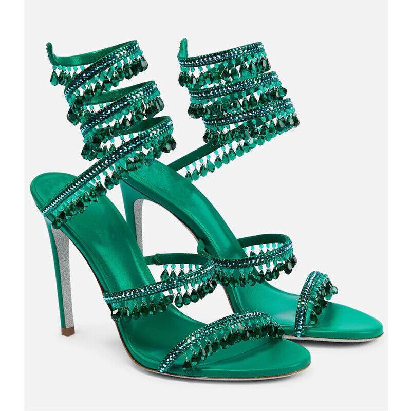 Women Glitter Crystal Rhinestone Tassels High Heel Stiletto Shoe Open Toe Sandal