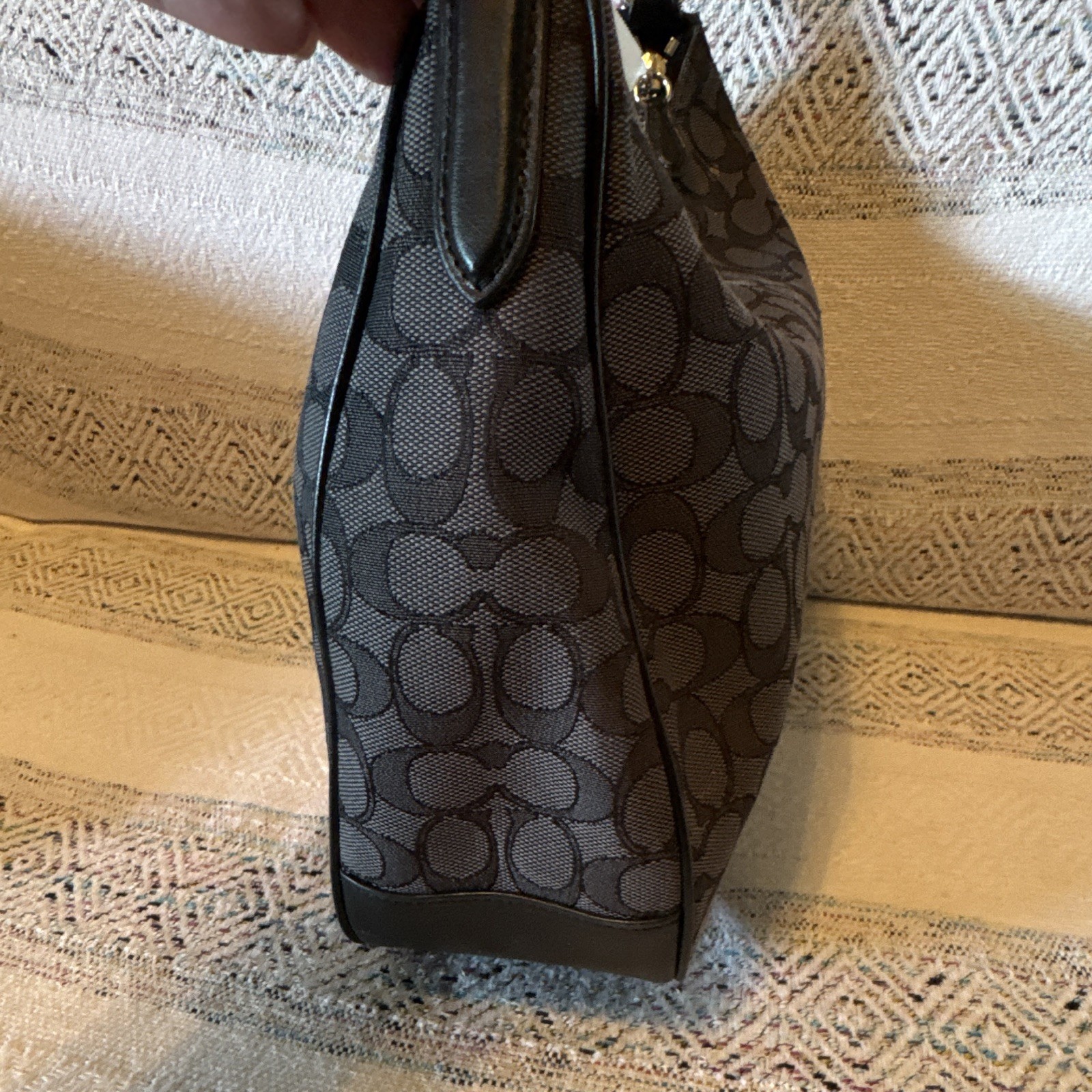Coach Signature Crescent Shoulder Bag Black Gray Zip Closure Silver Hardware