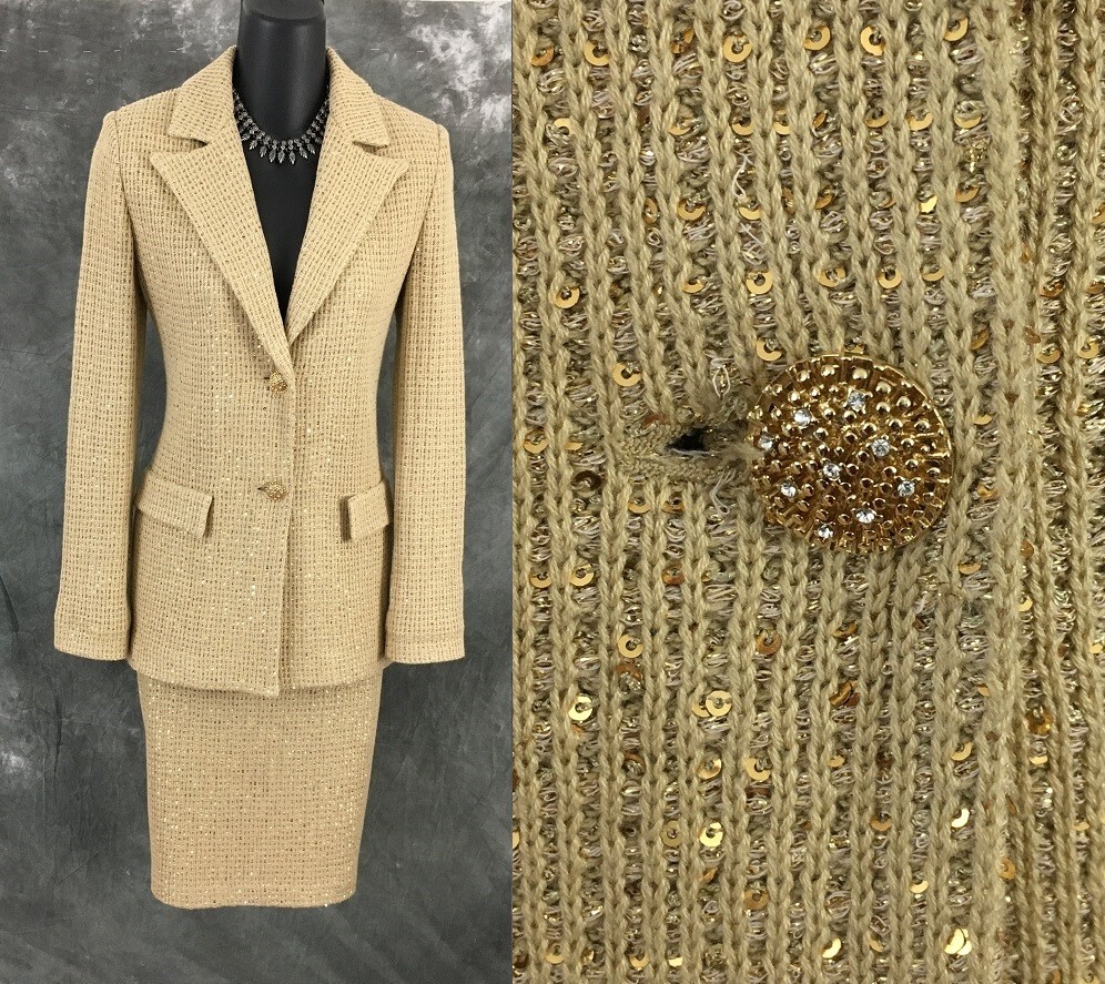 BEAUTIFUL St John gold shimmer embellished skirt suit size 4 6