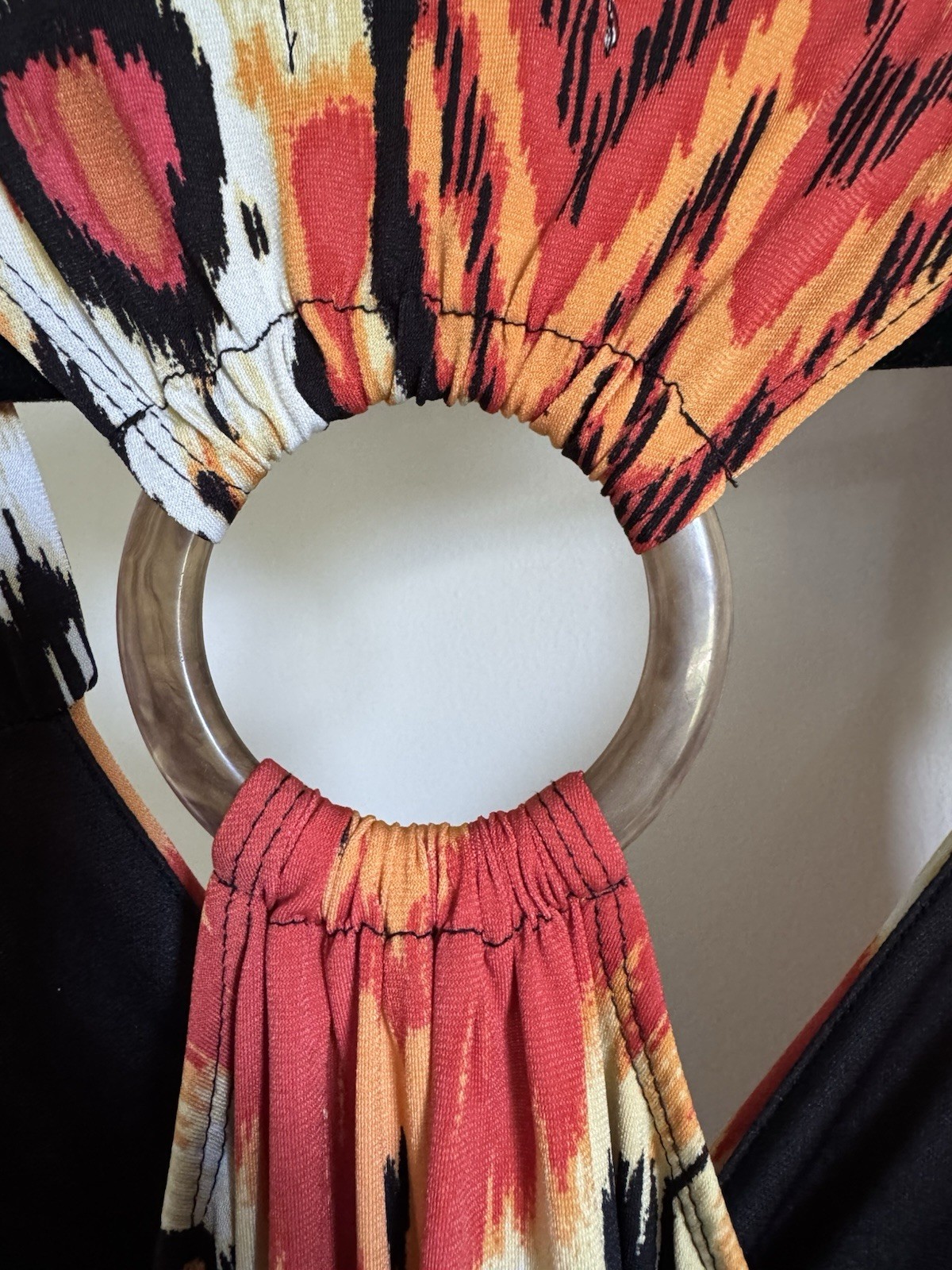 Cato Abstract Ikat Print Halter Dress Orange Yellow Black V-Neck O-Ring Back [M]
