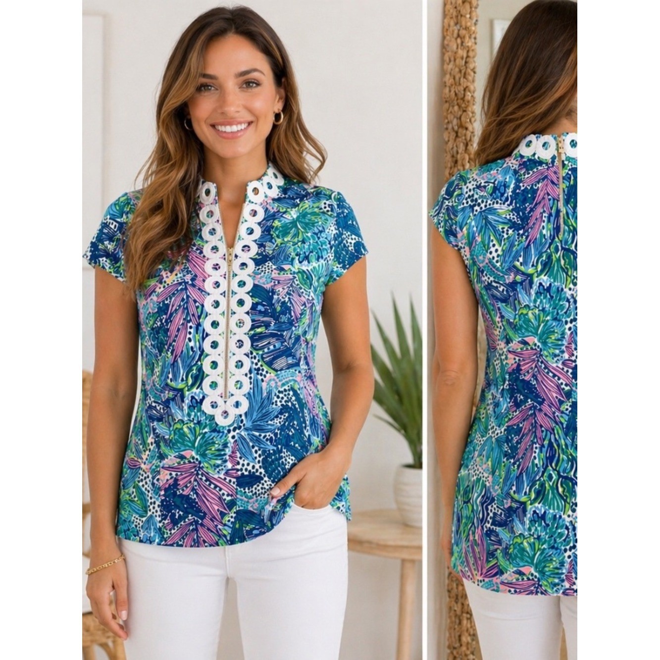 Lilly Pulitzer Size 00 Printed Tunic Top Zip Front & Back With Lining