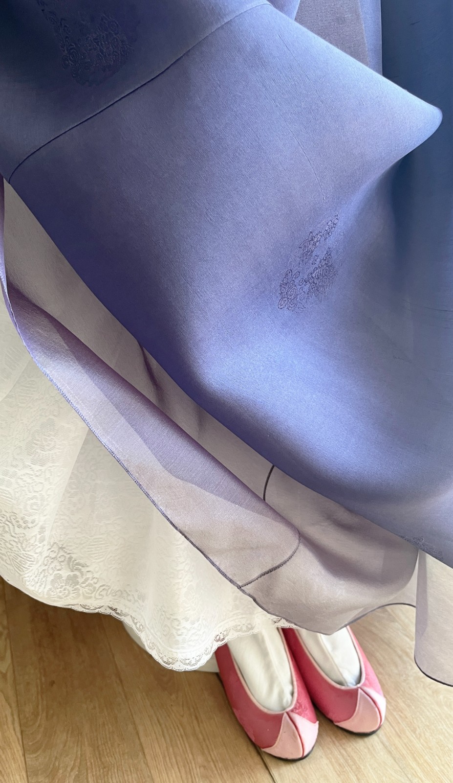 Premium Silk Traditional Korean Hanbok Dress–Mint & Purple / Petticoat /Hand bag