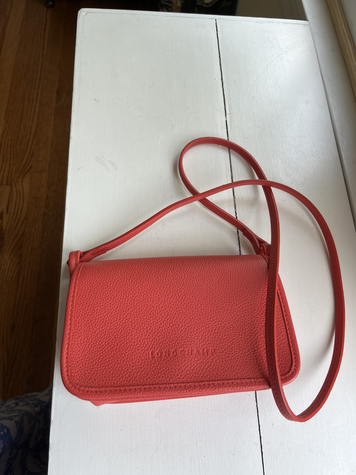 NWT Longchamp Le Foulonné Leather Wallet on Crossbody Strap Orange $330