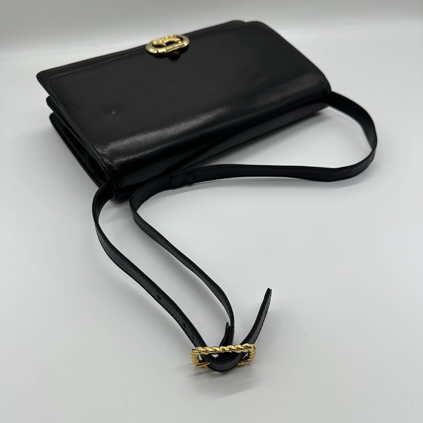 Celine Shoulder Bag Horse Carriage Vintage Black Gold Leather Purse Authentic!!