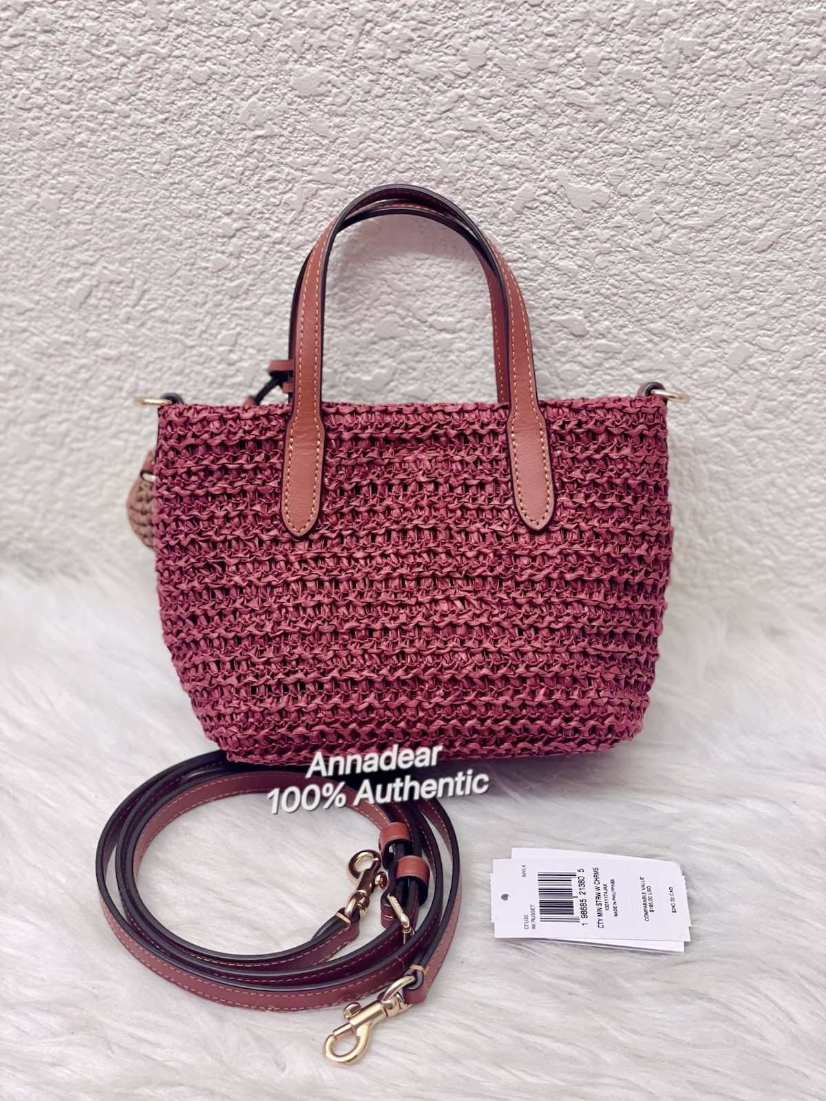 NWT Coach CEU30 City Mini Tote Bag With Charms in straw & Leather Gold/Russet