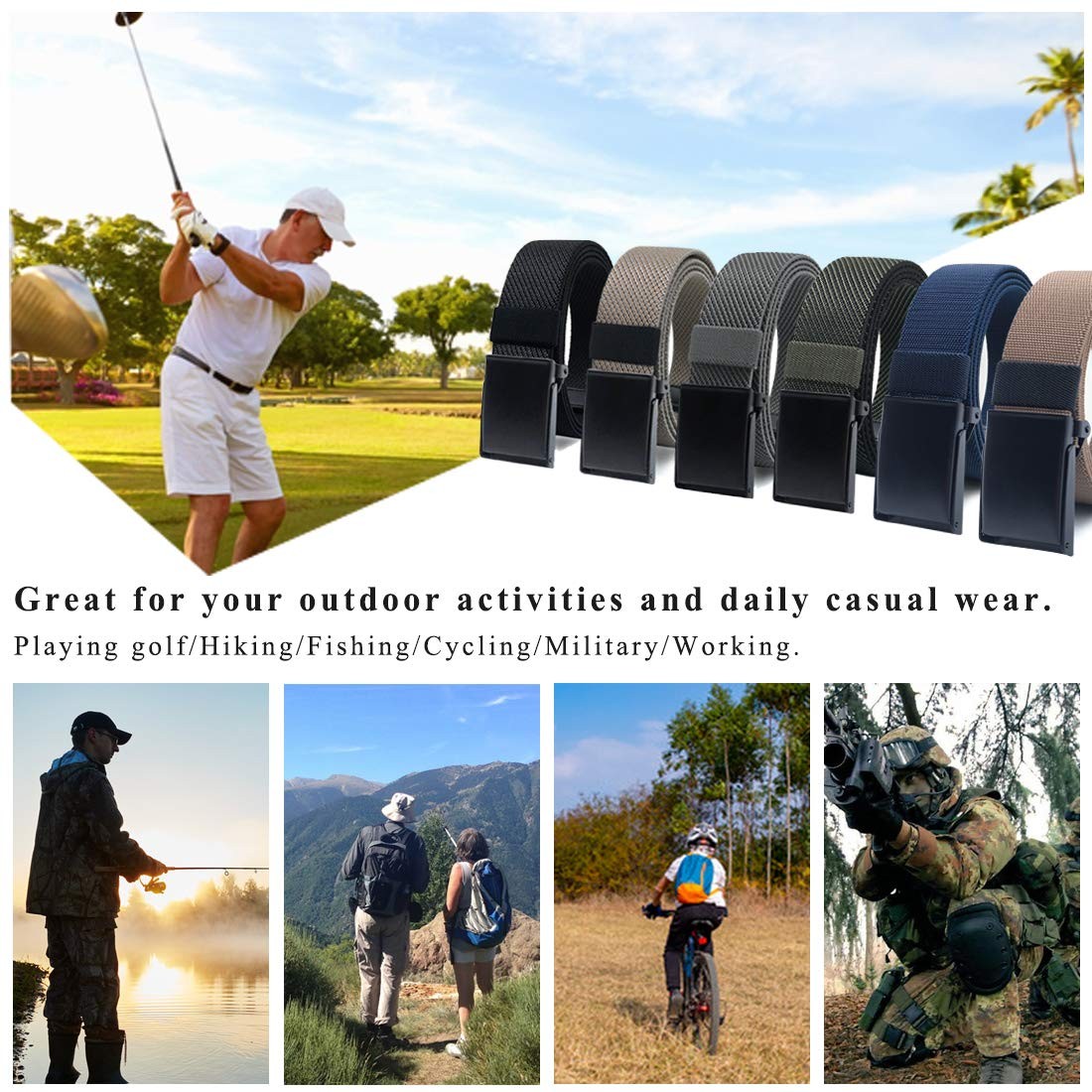 2 Pack Nylon Elastic Stretch Belt Men Casual Golf Belt Adjustable Military Me…