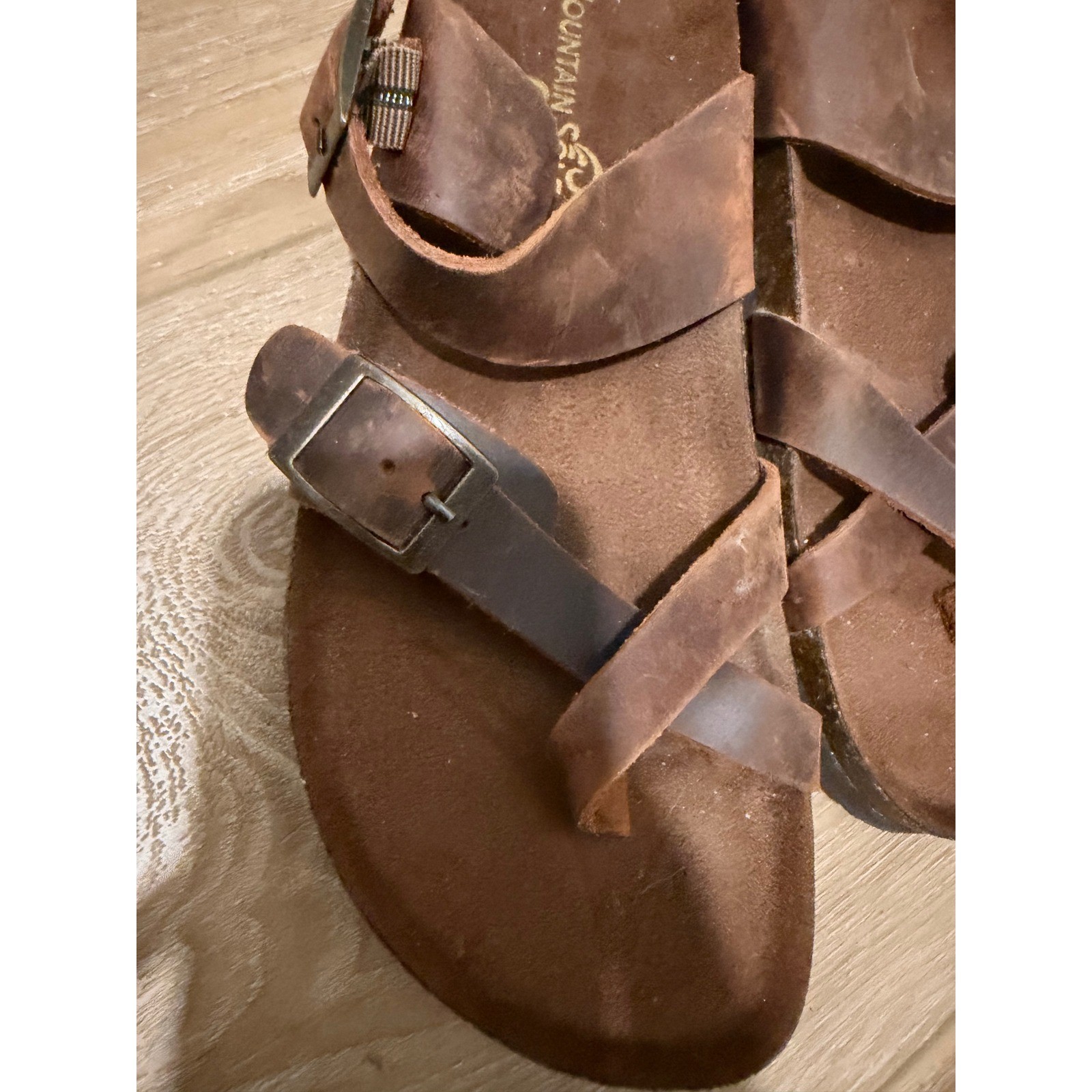 Mountain Sole Brown Leather Slide Sandals Cork Footbed Buckle Straps Boho Womens