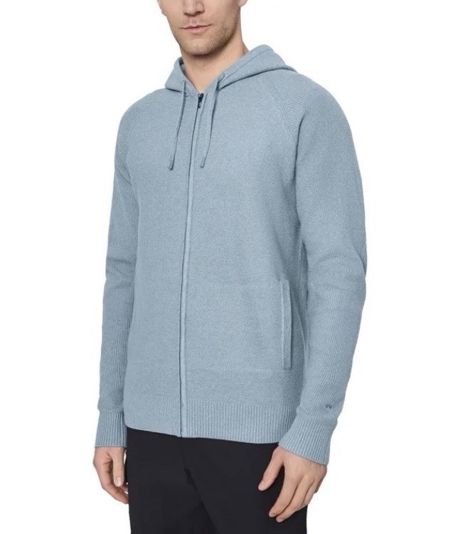 Modern Ambition Men’s Full Zip Hooded Sweater, 4‑Way Stretch, Medium Color Blue.