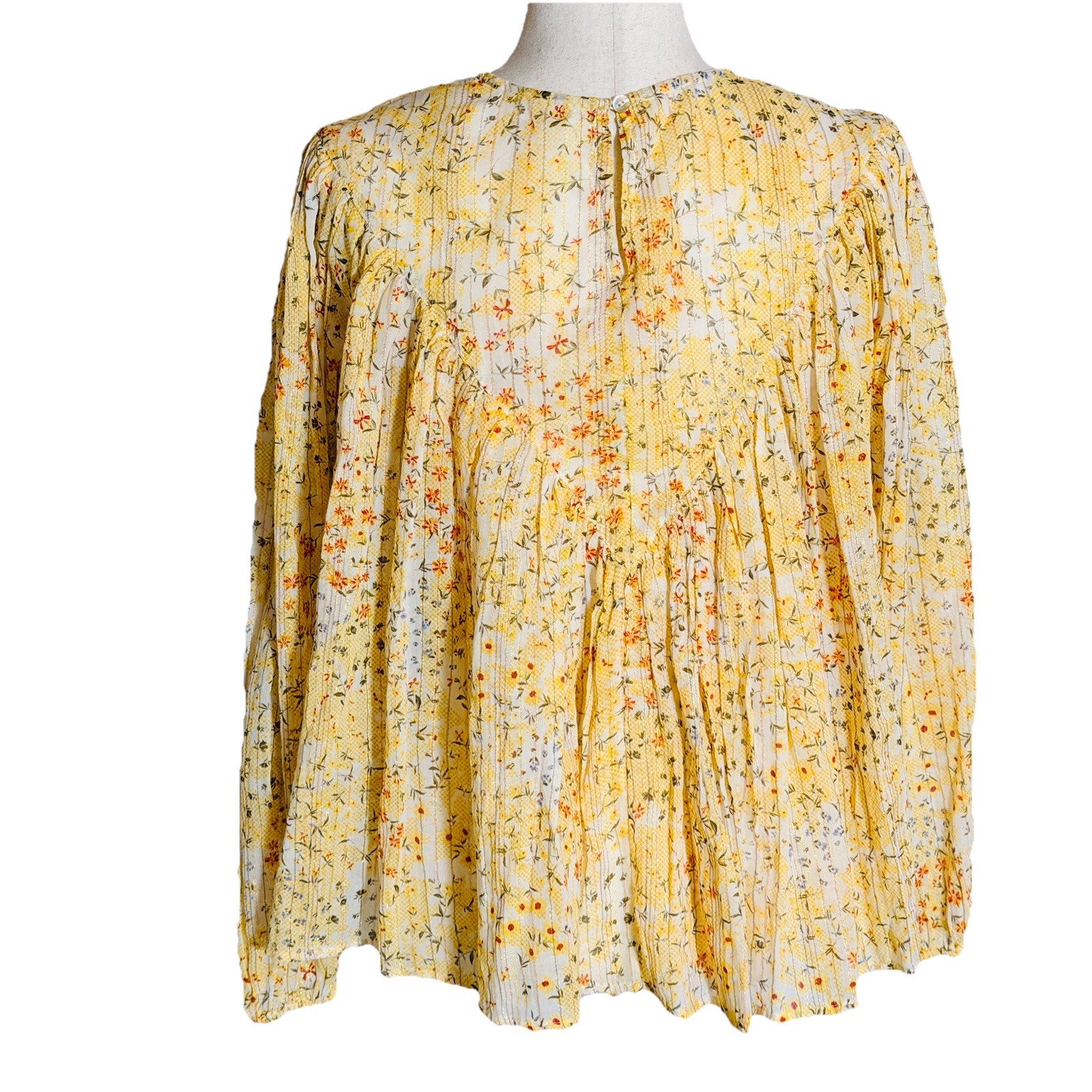 S. Oliver Yellow Floral Pleated Peasant Blouse,cottagecore, prairie,boho chic,