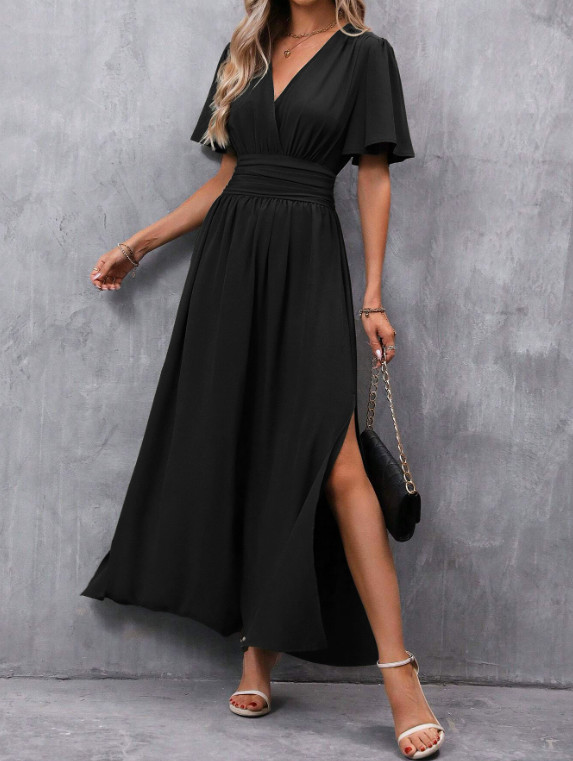 Women Elegant V-Neck Flutter Sleeve Smocked High Slit Maxi Dress