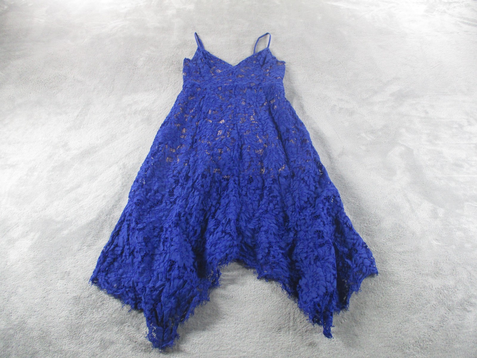 Lulus Dress Womens Medium Blue Lace V Neck Handkerchief Hem Fit & Flare Party