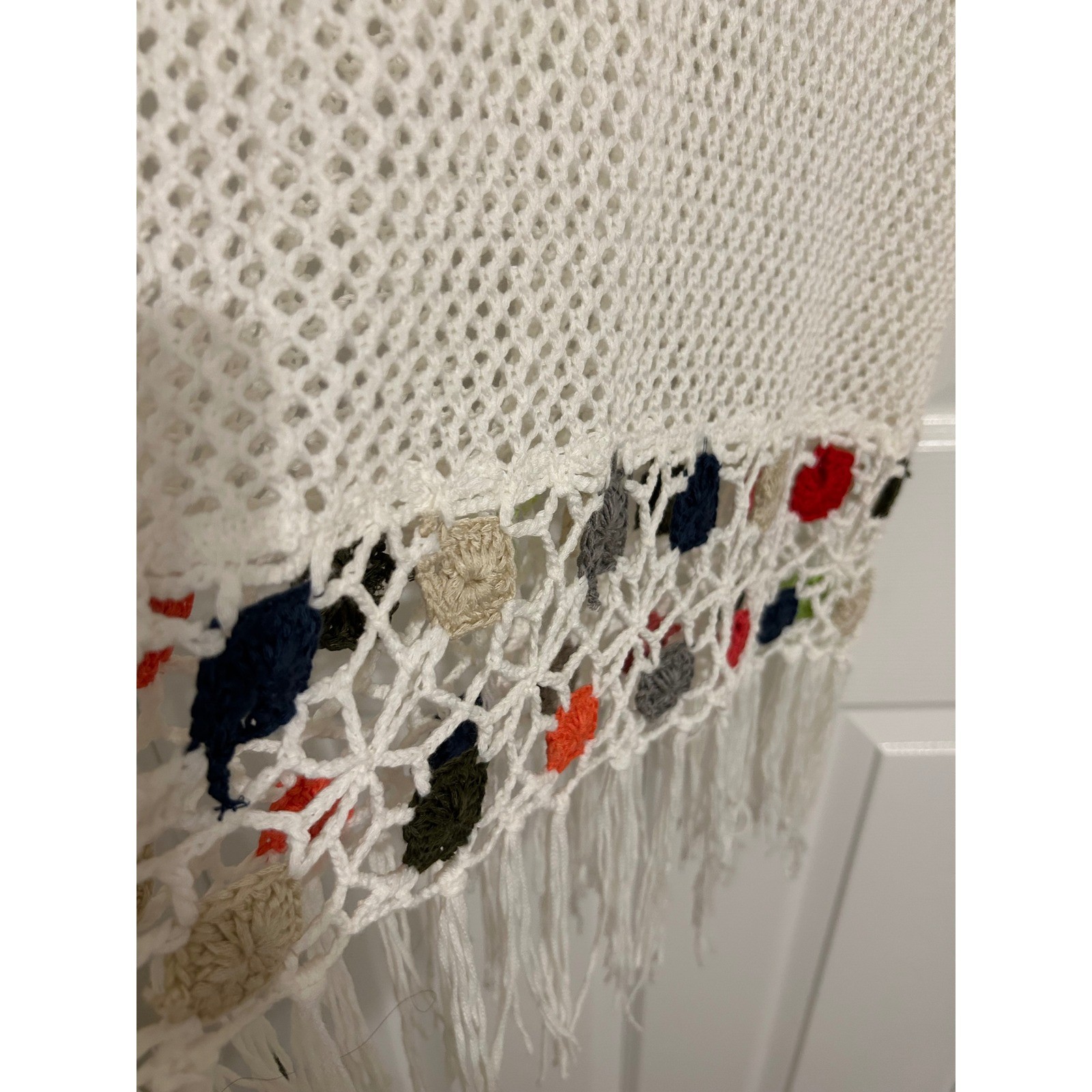 White Crochet Knit Fringe Tank Top Multi Color Floral Accent Beach Cover Up