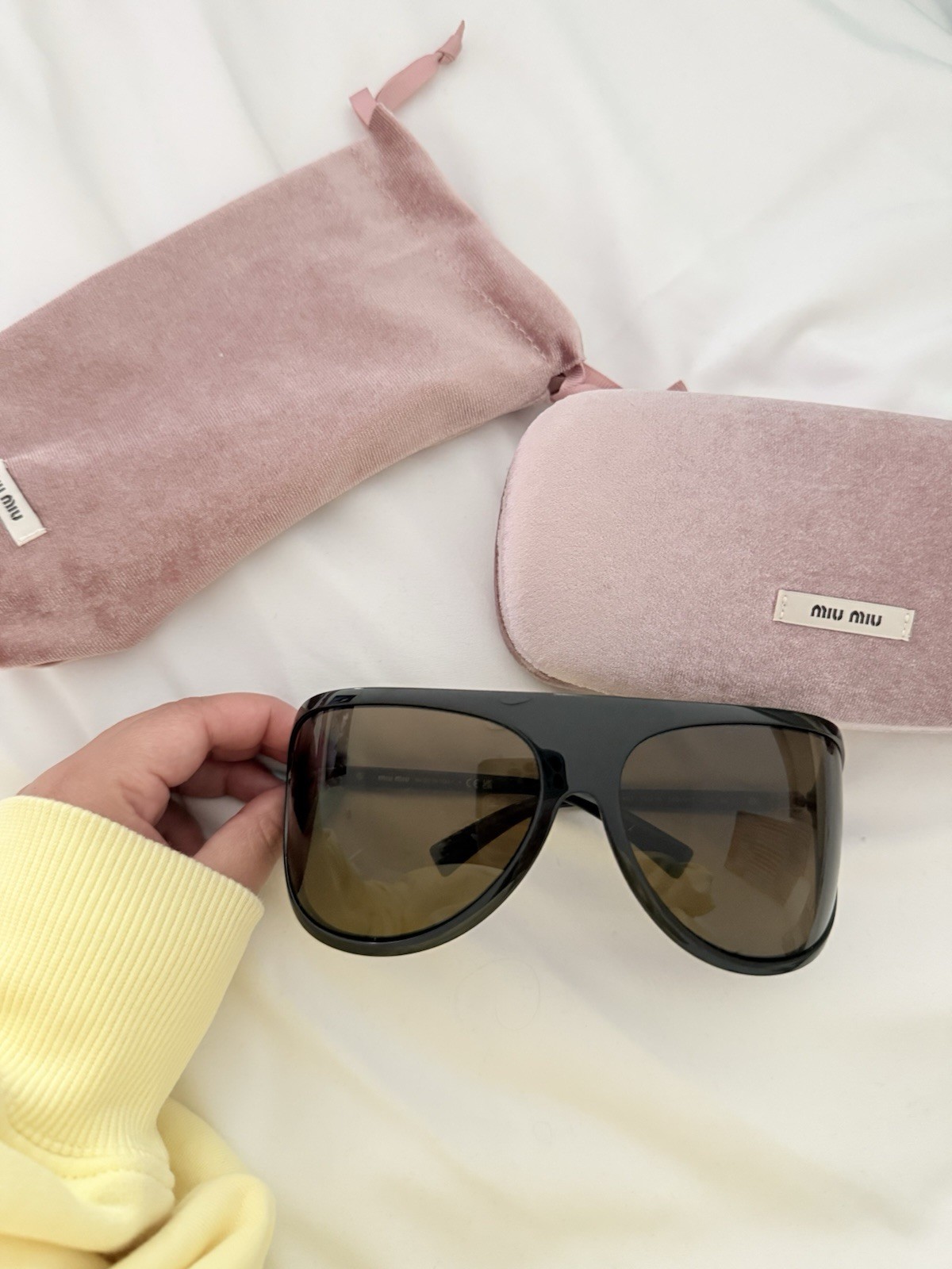 Miu Miu MU A01S Aviator Oversized Sunglasses Black Plastic Frame Brown Tinted