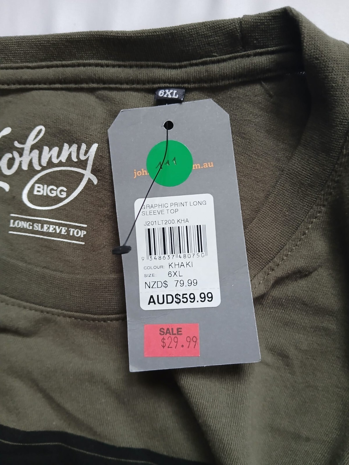 Johnny Bigg Graphic Print Long Sleeve Top Khaki J201LT200.KHA Size 6XL N133